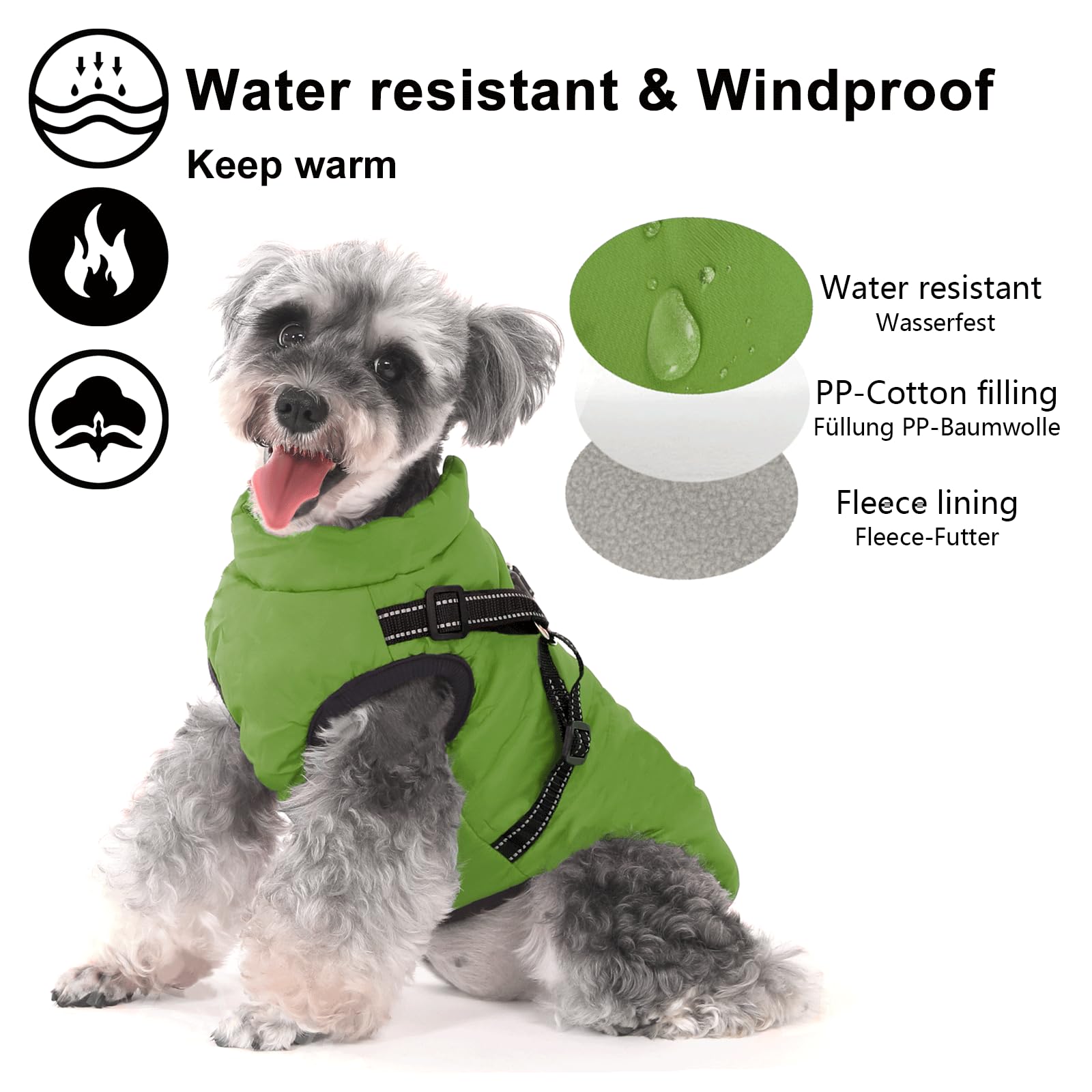 Aywoja Cappotto Cane Invernale, caldo, cappotto per cani con pettorina, impermeabile, lavabile in lavatrice, con strisce riflettenti, resistente anello a D