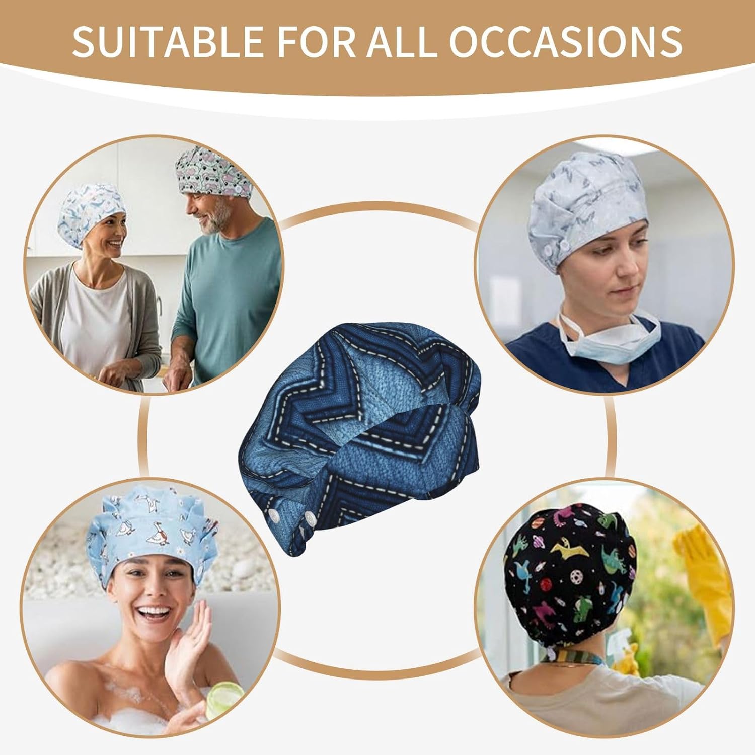 Gradient Blue Denim Bouffant Cap with Buttons, Sweatband Cap