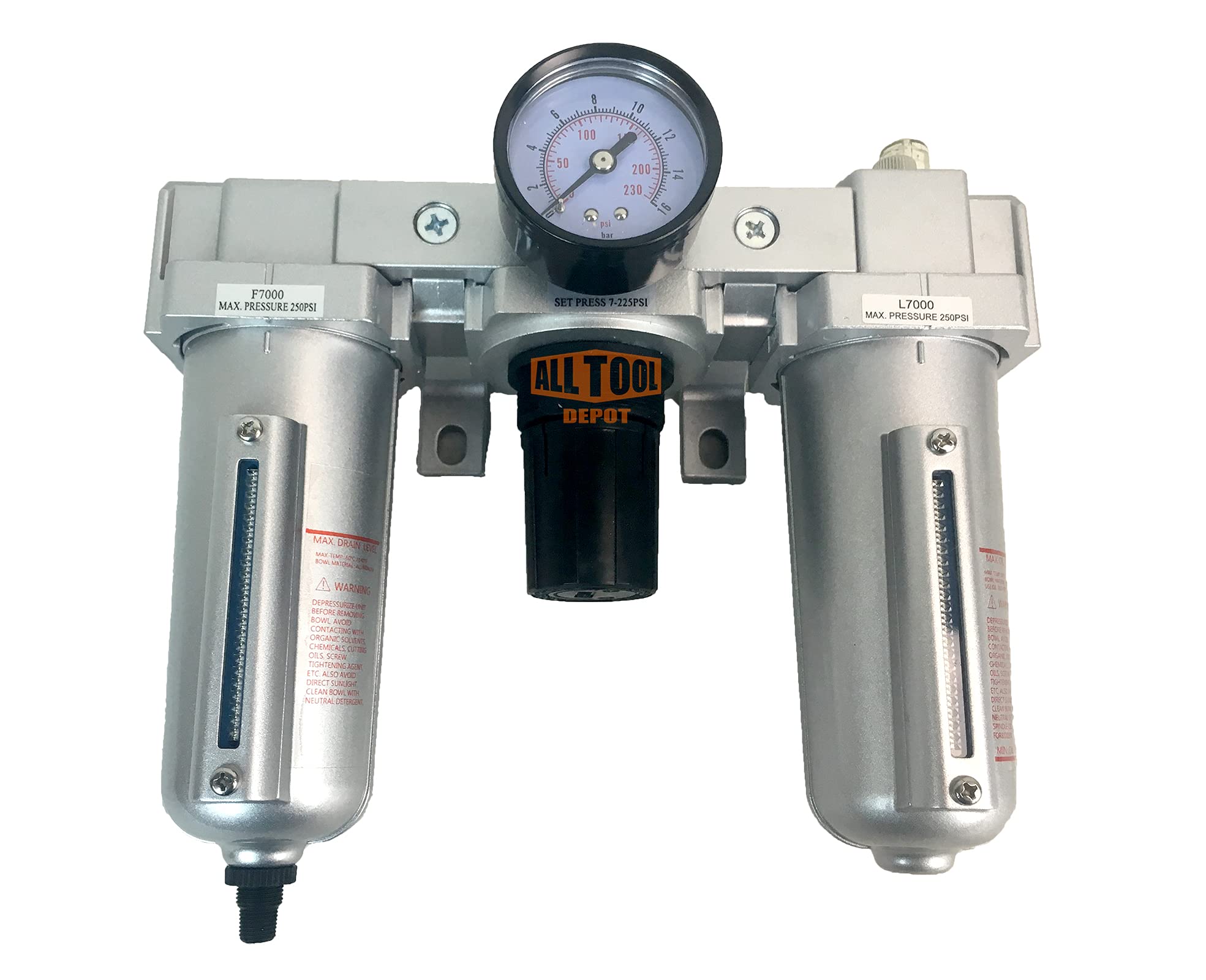 1/2" NPT HEAVY DUTY Compressed Air In Line Filter Regulator Lubricator Oiler Combo, Metal Bowl, 5 Micron Element, Adjustable From 7 to 175 PSI (AUTO