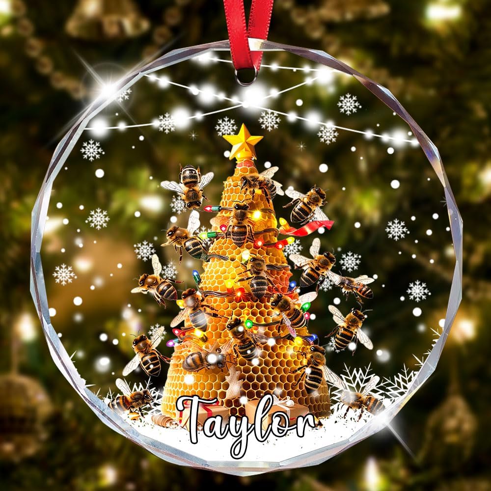 Personalized Bee Christmas Ornament - Glass Honey Christmas Ornaments for Tree Decorations - Custom Name Bumble Bee Gifts for Women Men - Animal Holiday Decor for Women - Gift Exchange Ideas