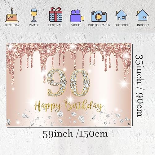 Miniatura 2 de Cartel de fondo de feliz cumpleaños 90 para mujeres, decoraciones de cumpleaños 90 años, cartel de tela de 90 años, póster de fiesta de cumpleaños