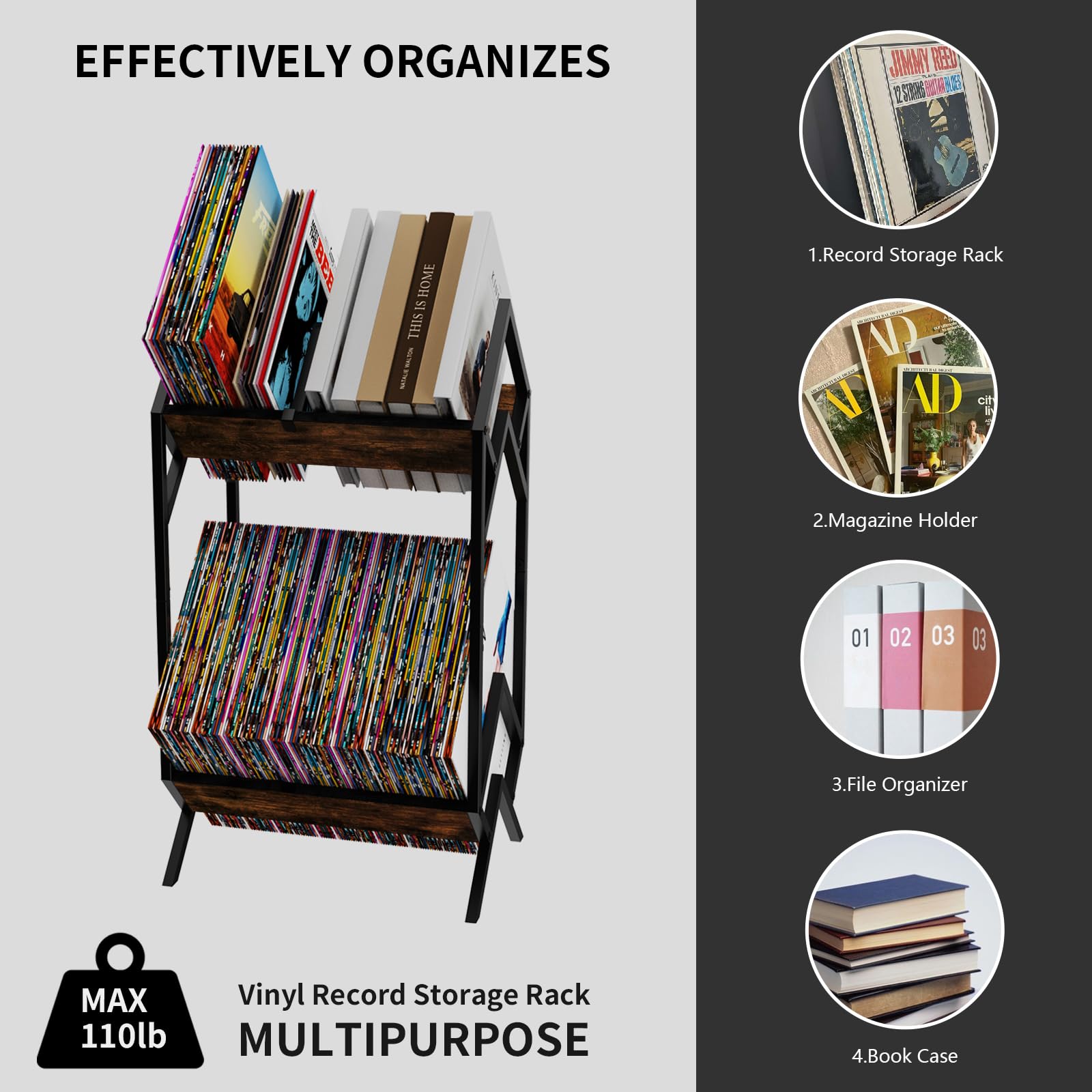 WOLiBOSS Vinyl Record Storage Holder | Holds 80-100 LP Albums | Adjustable Dividers, Quick Assembly | For Records, Books, Magazines