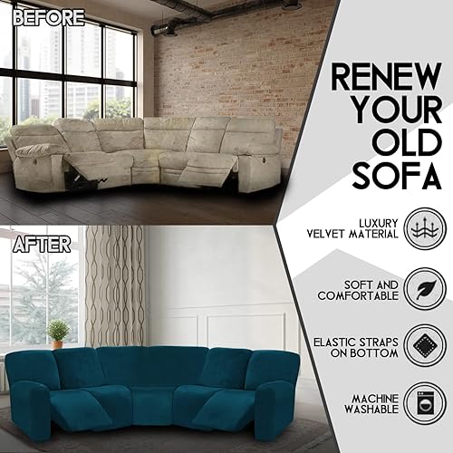 Miniatura 4 de ULTICOR Funda de terciopelo para sofá reclinable seccional de 7 piezas (verde azulado oscuro, 5 asientos en forma de L, resistente, suave, lavable)