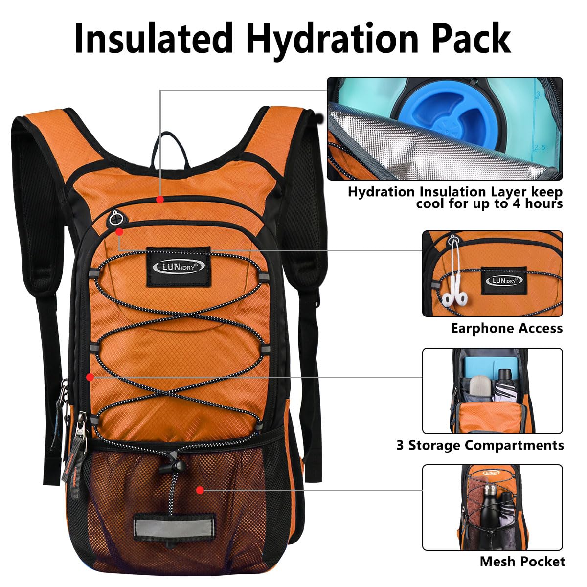 Sac à dos d'hydratation isotherme avec poche à eau de 3 L sans BPA, garde les liquides au frais pendant 5 heures, sac à dos pour la randonnée, la course, le vélo, la chasse, l'escalade