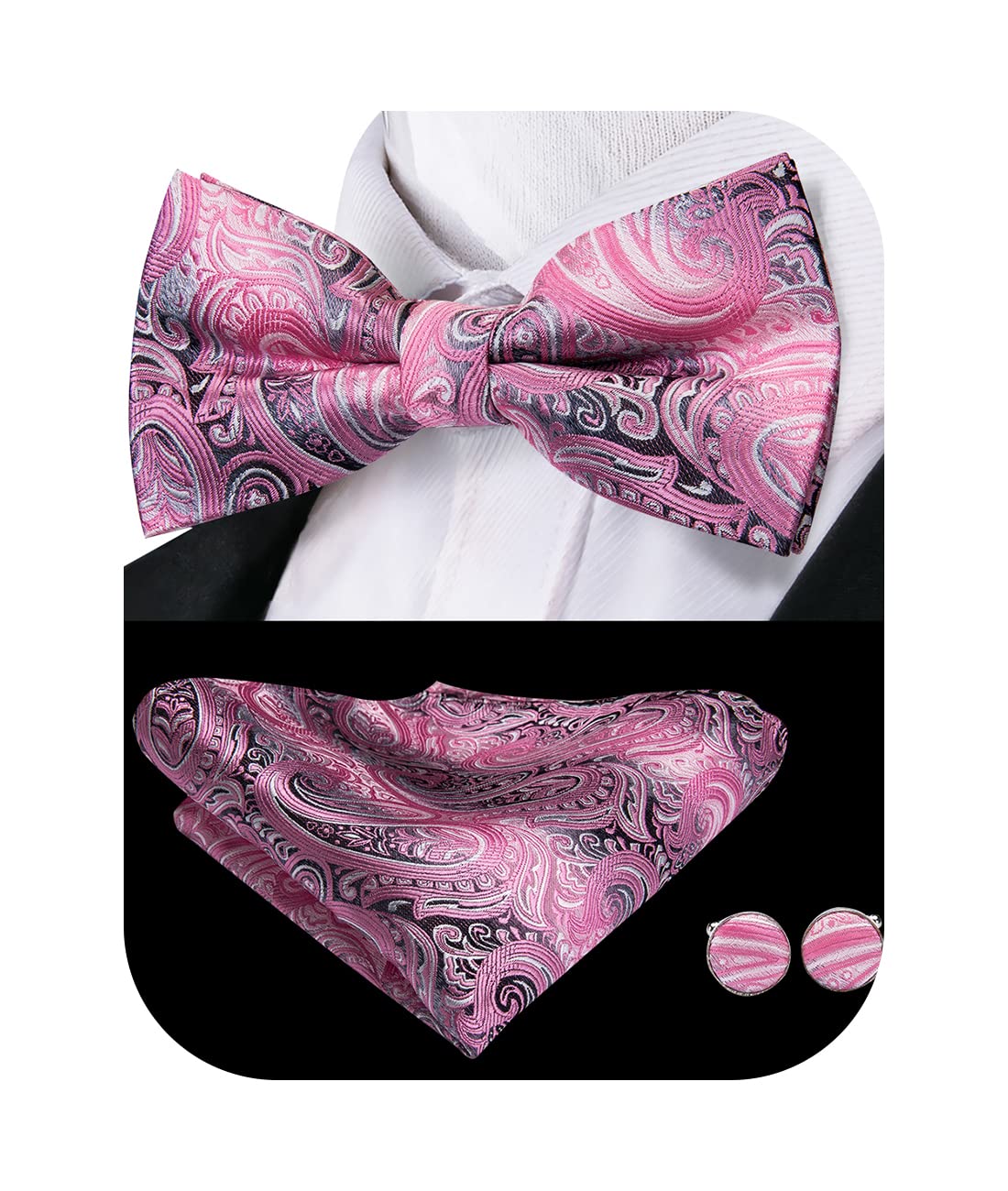 Hi-TieBow Ties for Men Pre-tied/Self-Tied Bowties Pocket Square Cufflinks Set Wedding Party