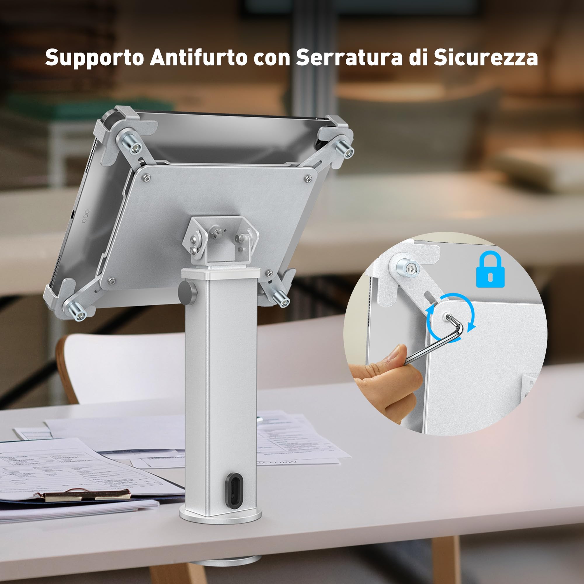 AboveTEK Supporto da scrivania per iPad, supporto per tablet antifurto regolabile con rotazione a 360° e inclinazione a 180°, adatto a tablet da 9,7" a 13", perfetto per il lavoro-Argento