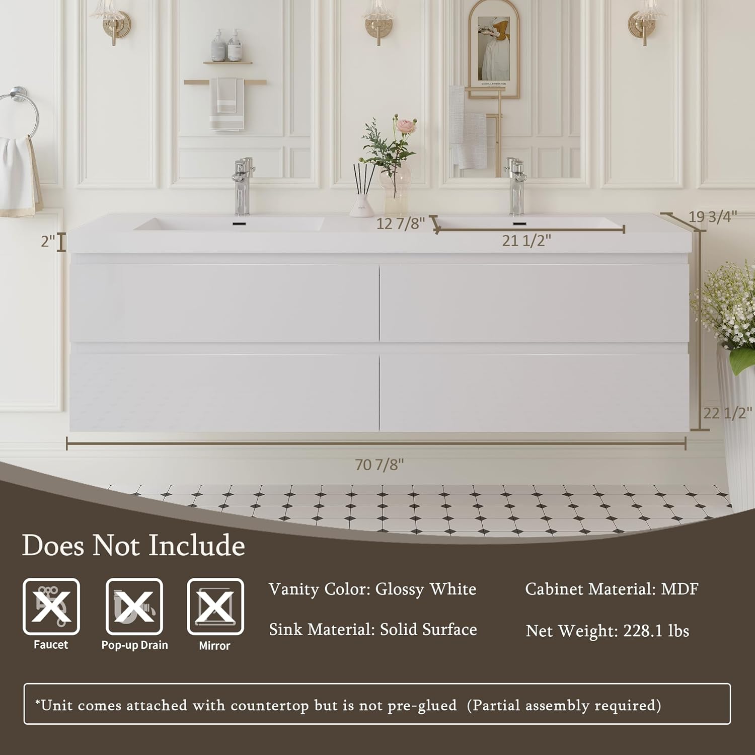 72 Inch Floating Bathroom Vanity with Double Sink, Large Storage Wall Mounted Floating Vanity with Soft Close Drawers, One-Piece Basin Bathroom Sink Cabinet (Glossy White, 72" Double Sink)