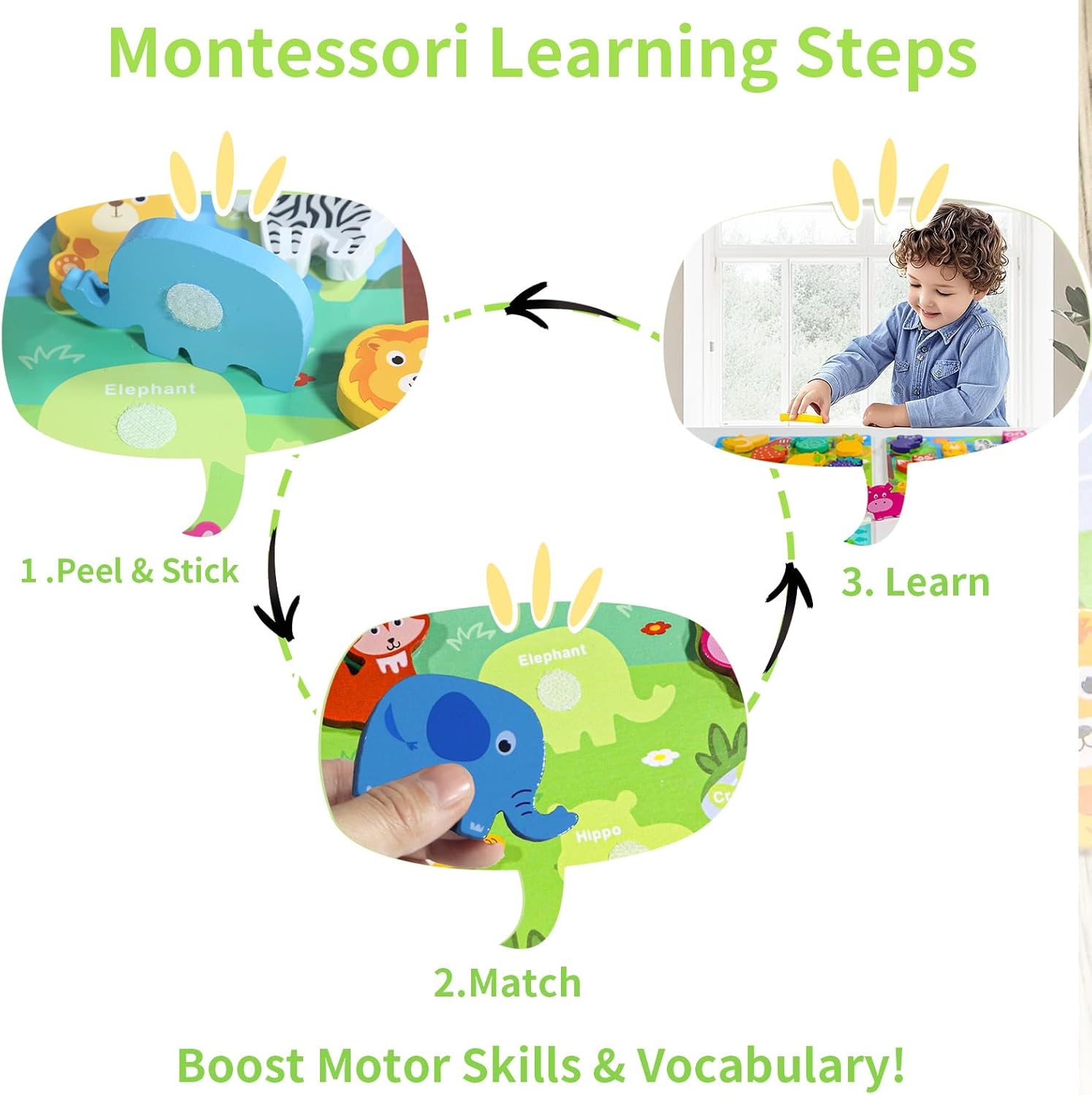 Montessori Puzzles for Toddlers | 4-in-1 Hook & Loop Wooden Puzzles | Early Learning Toys for Jungle Ocean Transportation Fruit Themes
