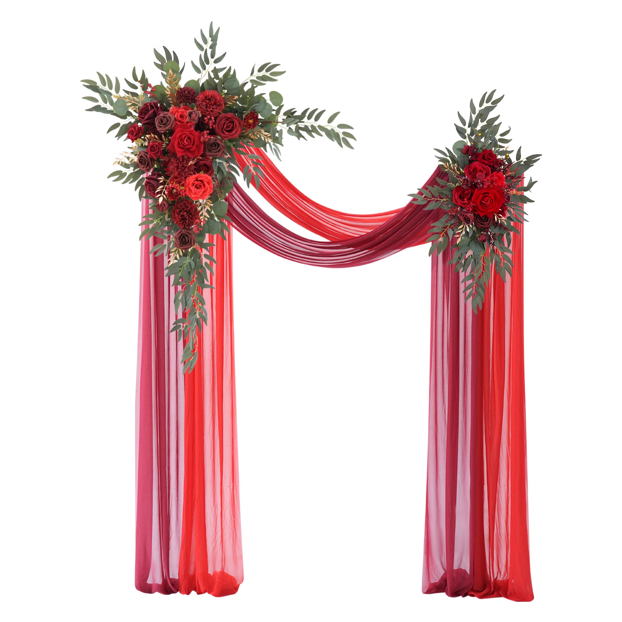 Photo 1 of Angela flower Deluxe Wedding Arch Flowers with Drapes Kit Pack of 4, 2pcs Burgundy & Red Hanging Silk Flowers Arrangement 2pcs Chiffon Drapes for Ceremony Arbor Party Outdoor Decor