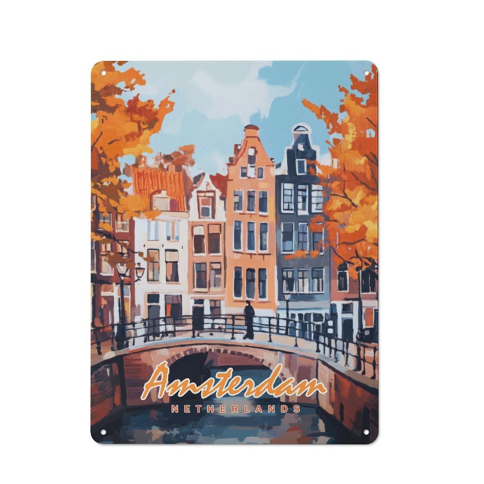 Junmoney Style-11 Amsterdam Canal Painting Vintage-Inspired Tin Sign 40X30cm For Pub Or Café, For Vintage Wall Decor Fans, For Home Office And Studio Walls