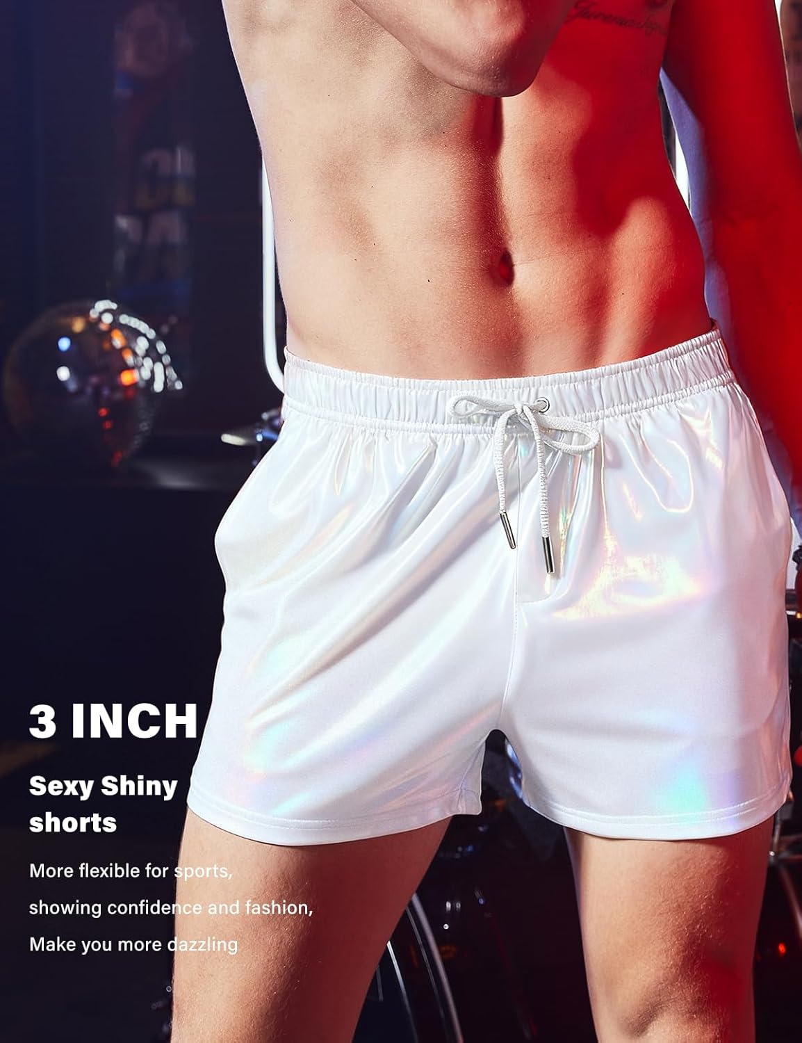 Casey Kevin Men's Holographic Metallic Short Sparkly Shiny Short Pants Rave Outfit Hot Shorts with Pockets and Drawstrings - Image 4