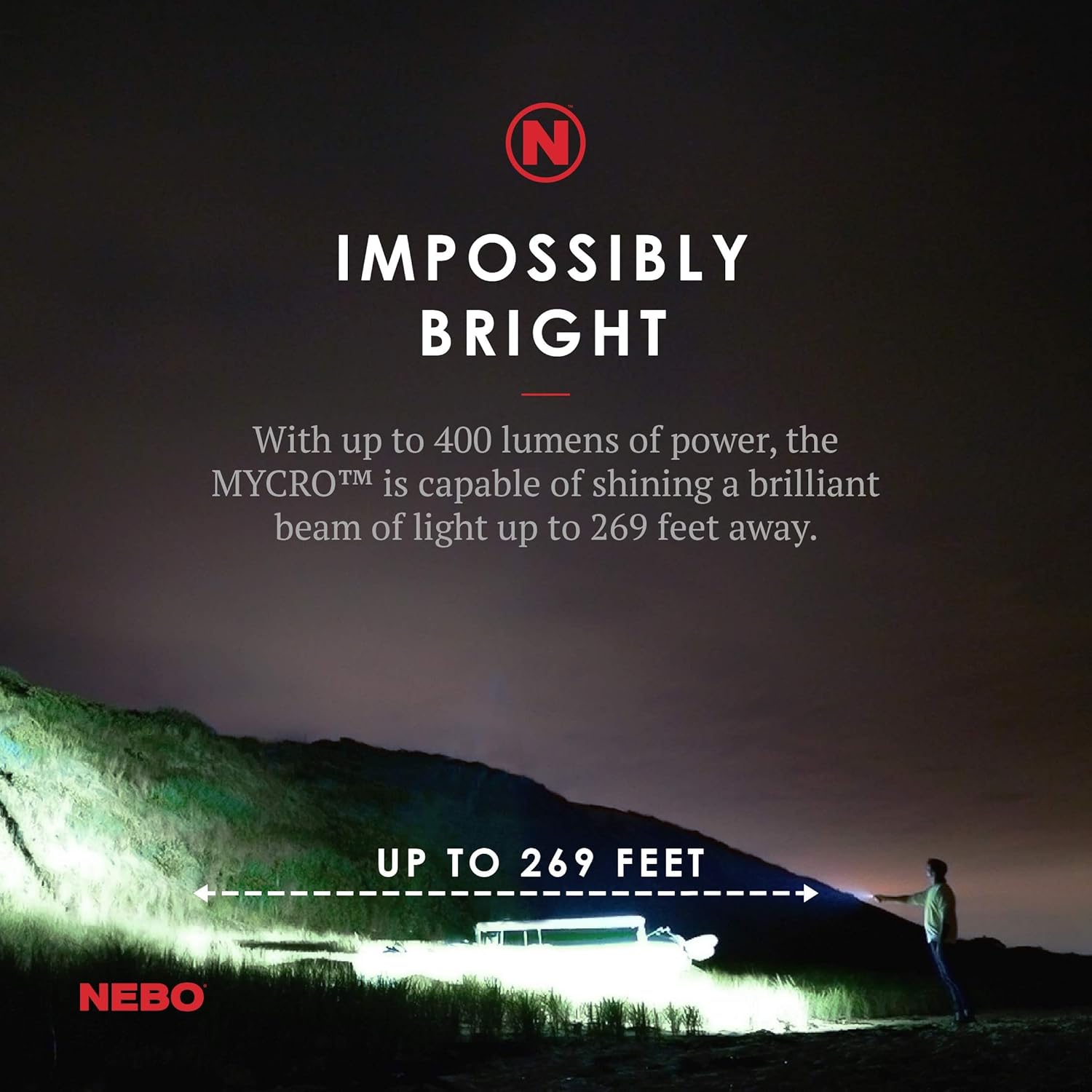 NEBO Mycro demonstrating its brightness and beam distance