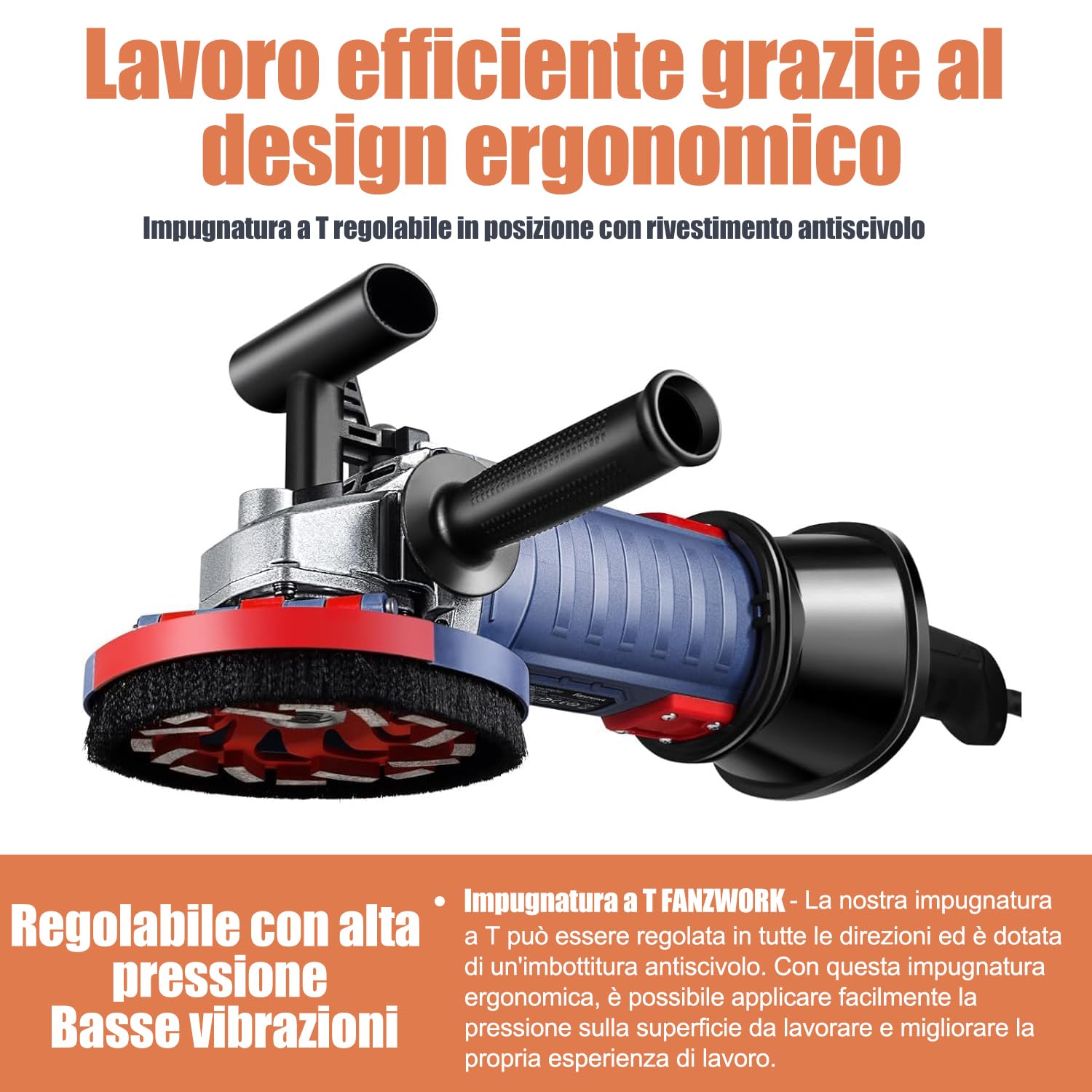 FANZWORK Levigatrice per Cemento 1500W, 2 Dischi Diamantati 125mm, Cappa Antipolvere, Manico a T, Velocità Regolabile