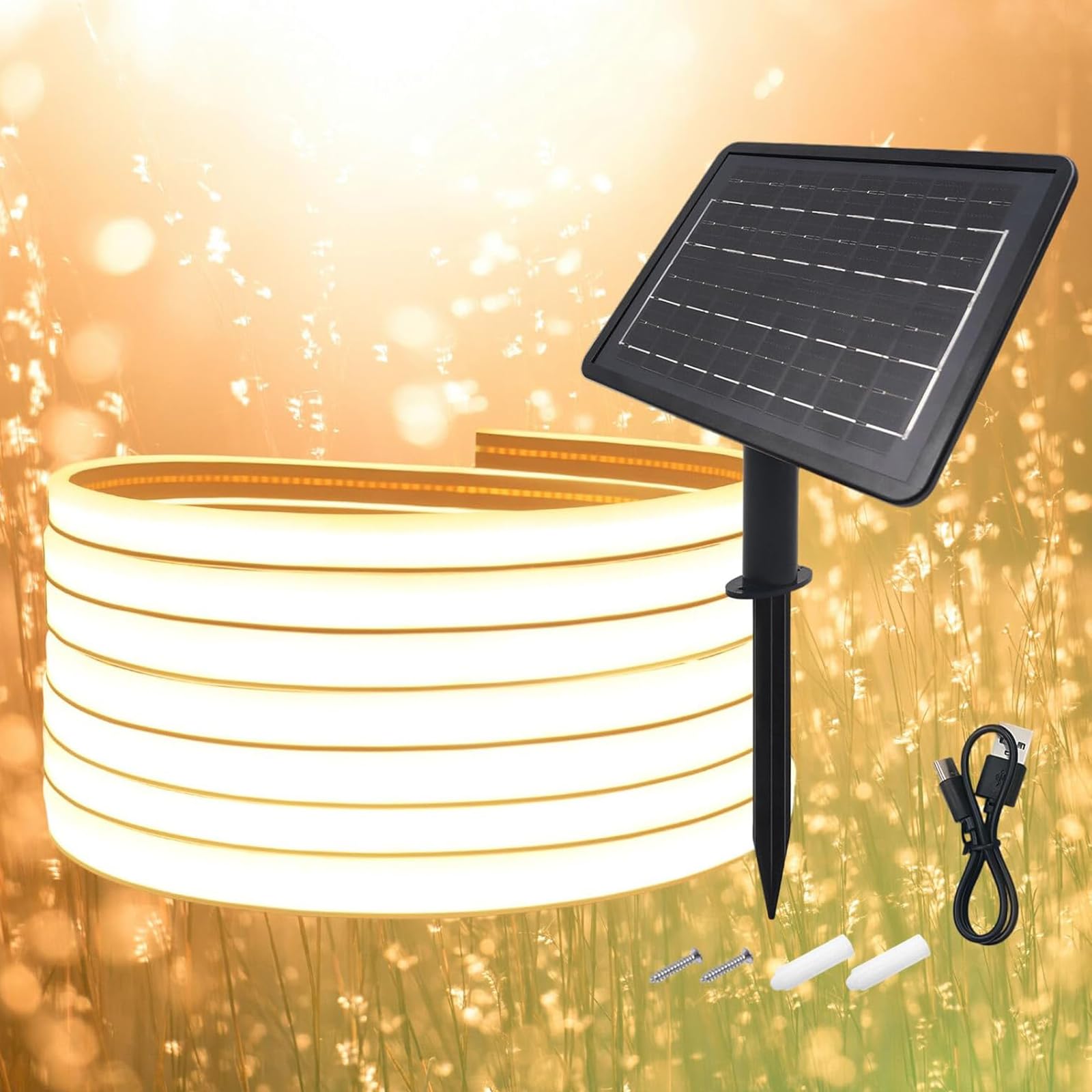 KISUFU Striscia LED solare COB da 24 V, IP65, impermeabile, 320 LED/m, con luce bifacciale, 2400 mAh, 8 modalità, pannello solare per giardino, patio, compleanno, matrimonio, decorazione esterna.