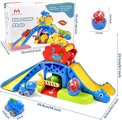 Marstone Toddler Toys for 1 Year Old Boy Gifts: Dinosaur Slide with 4 Animal Cars Educational Baby Toys 12-18 Months, First 1st Birthday Gifts for Kids, Girls, Push Car Race Track for Toddlers 1-3