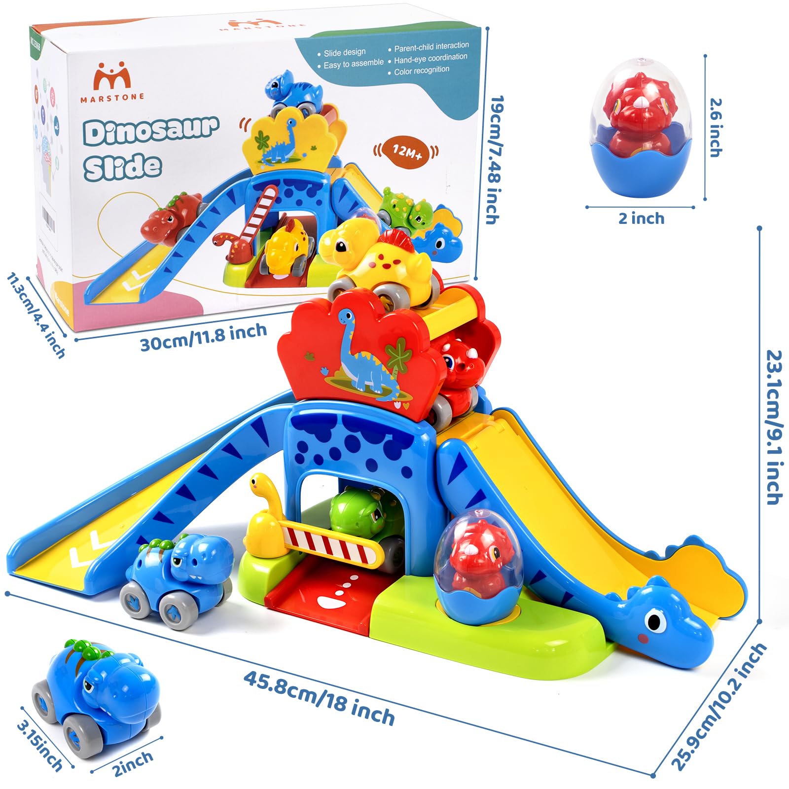 Spielzeug ab 1 Jahr, Dinosaurier Rutsche Rutschbahn für Kleinkinder 1 2 Jahre, Enthält 4 tierförmige Spielzeugautos, Ursache Wirkung Spielzeug Geschenk zum 1 Geburtstag für Jungen und Mädchen