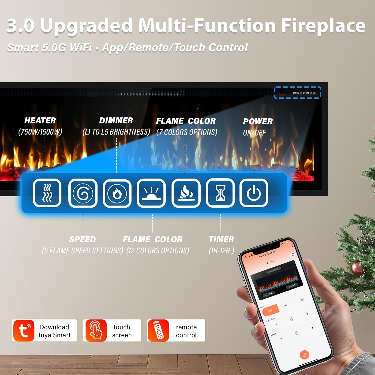 BREEZEHEAT Electric Fireplace 50''-Smart WiFi Fireplace Heater Recessed Wall Mounted, Remote Control, Touch Screen, 750W/1500W, 8H Timer for Living Room, Bedroom, Office