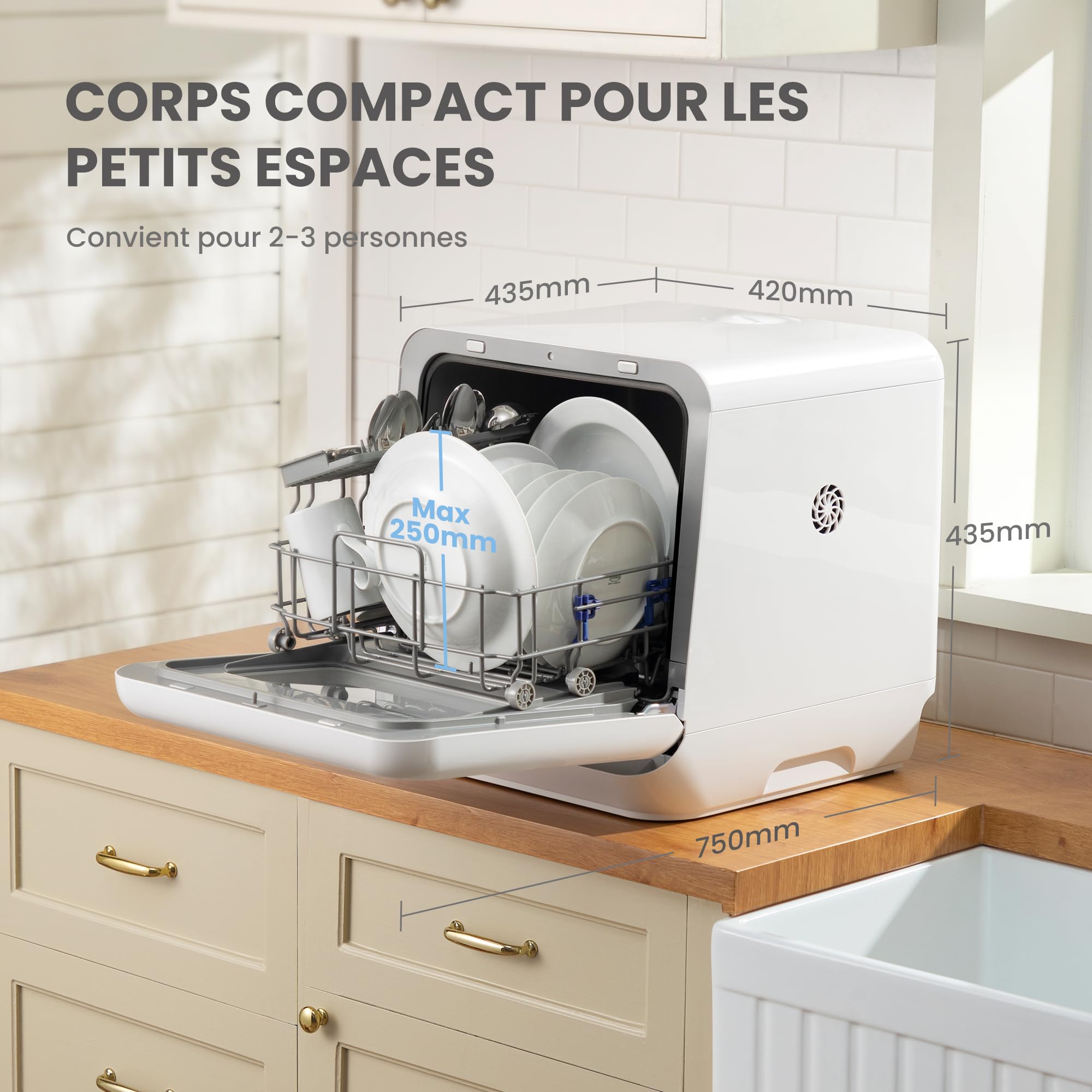 COMFEE' Lave-vaisselle de comptoir, mini lave-vaisselle de table, 6 programmes, lavage à la vapeur, sans plomberie, démarrage différé, blanc