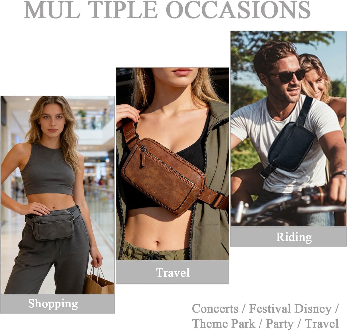 Fanny Packs for Women, Leather Vegan Belt Bag Crossbody Waist Bag Adjustable Strap, Large Fashion Everywhere Belt Bag, Grey