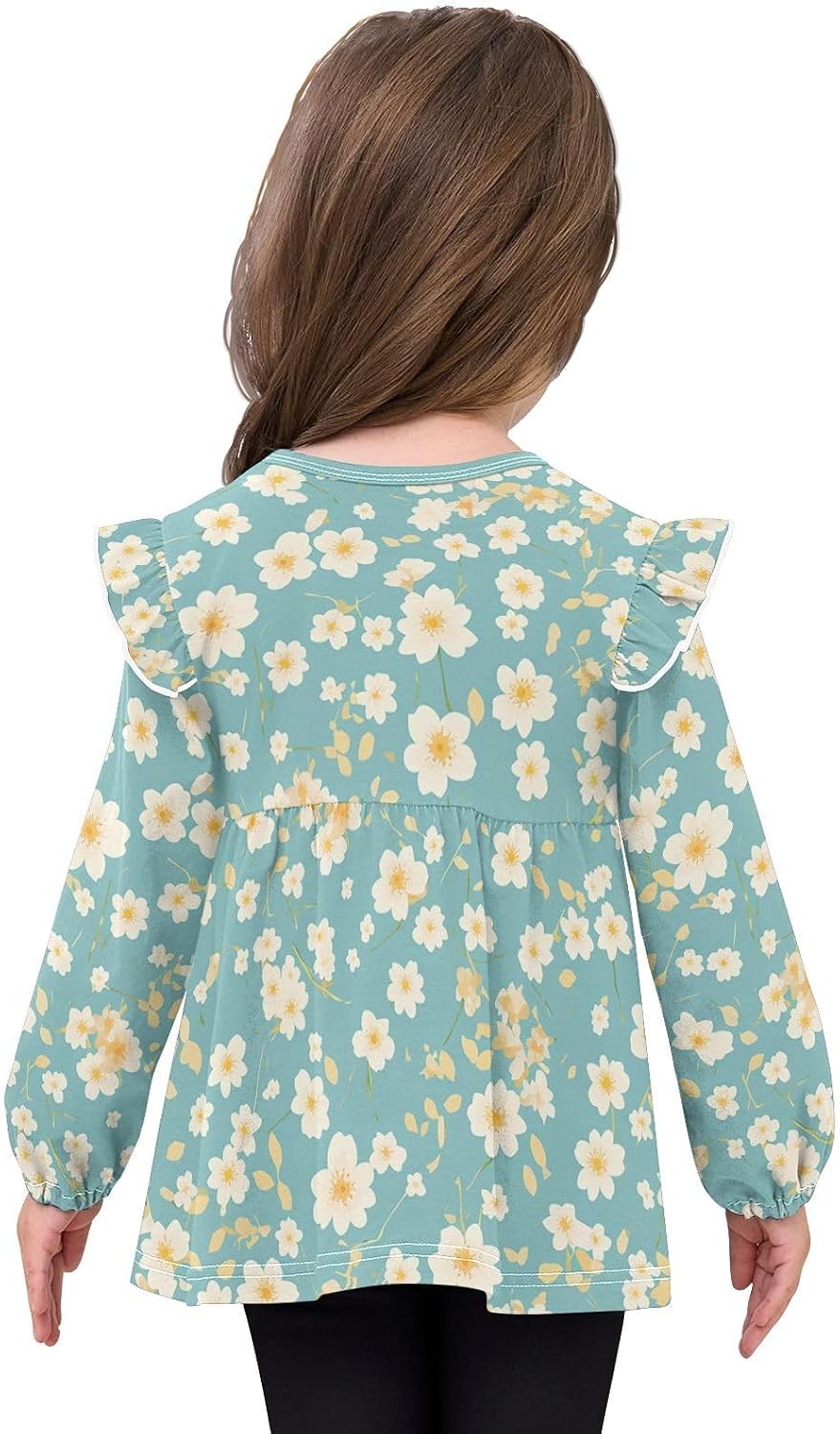 visesunny Toddler Clothes for Girls Light White Floral Leaf Long Sleeve Fall Shirts Cotton Top with Ruffle Collar