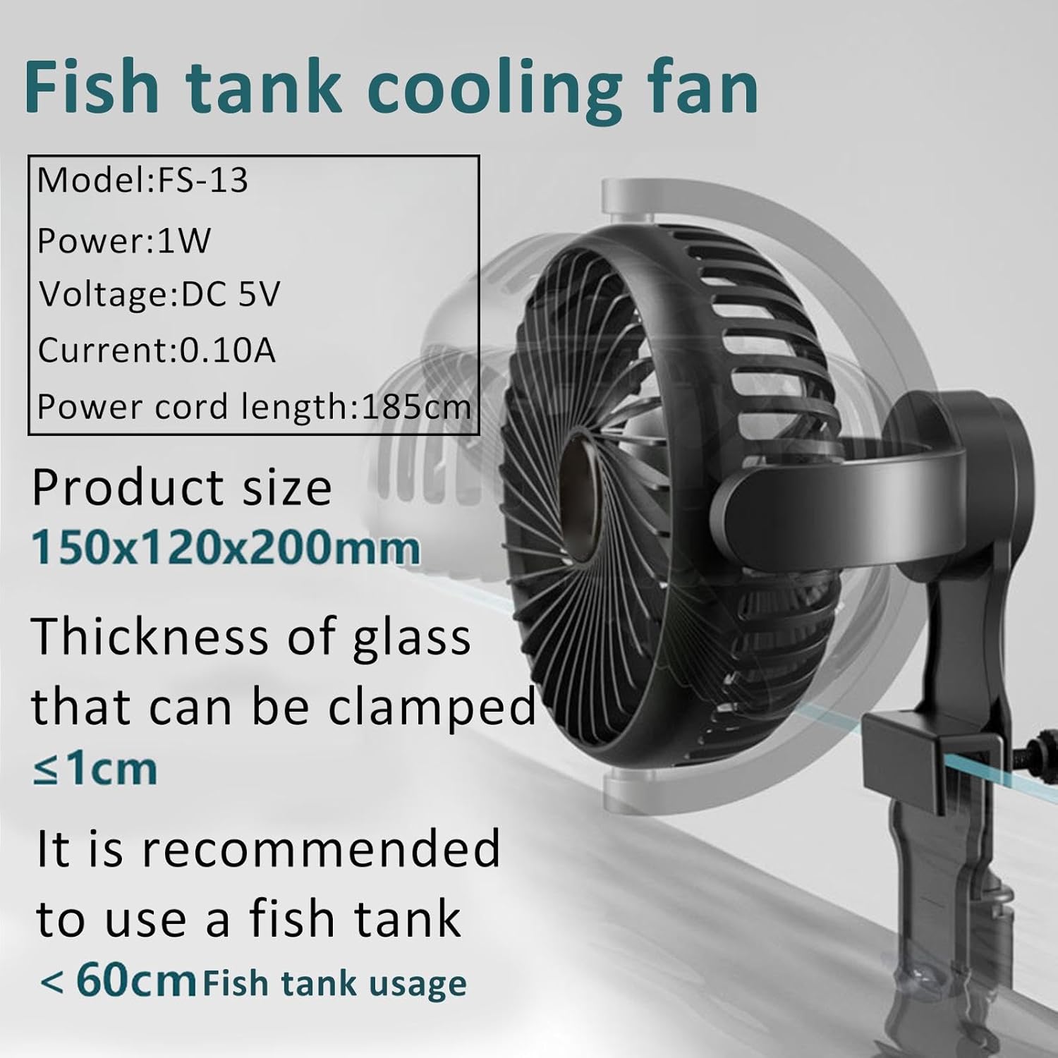 Aquarium Chiller Quiet Cooling Fan with USB Cable 360° Rotation for Fish Tank Aquatic Environments