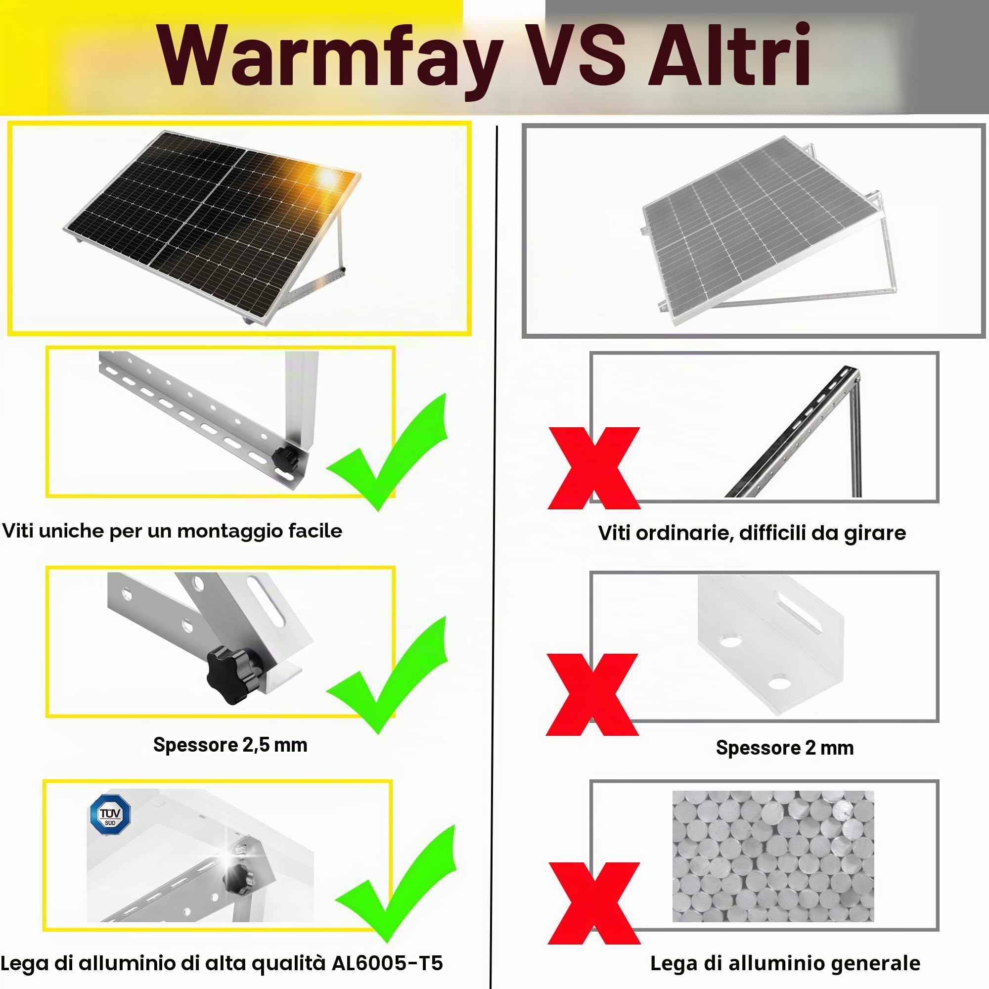 Warmfay 4 supporti per pannello solare, 114 cm, 45", in alluminio, per centrali elettriche da balcone, angolo regolabile, 0-90°, 100 W-1200 W, set di fissaggio per tetto piatto, da parete, camper,