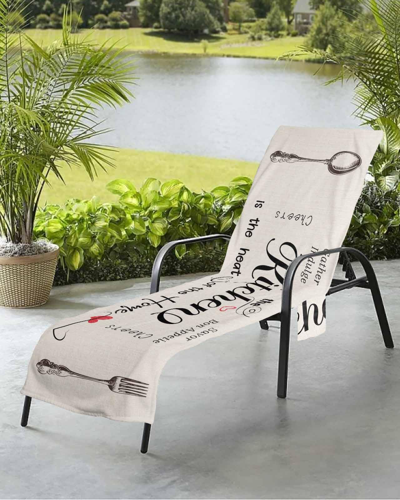 Modern Chef Beach Chair Towel Covers for Chaise Lounge With Side Pocket, Soft Plush Pool Towels Cover for Patio Sunbathing Outdoor 29''x85'' Kitchen Family Quotations Farmhouse Beige