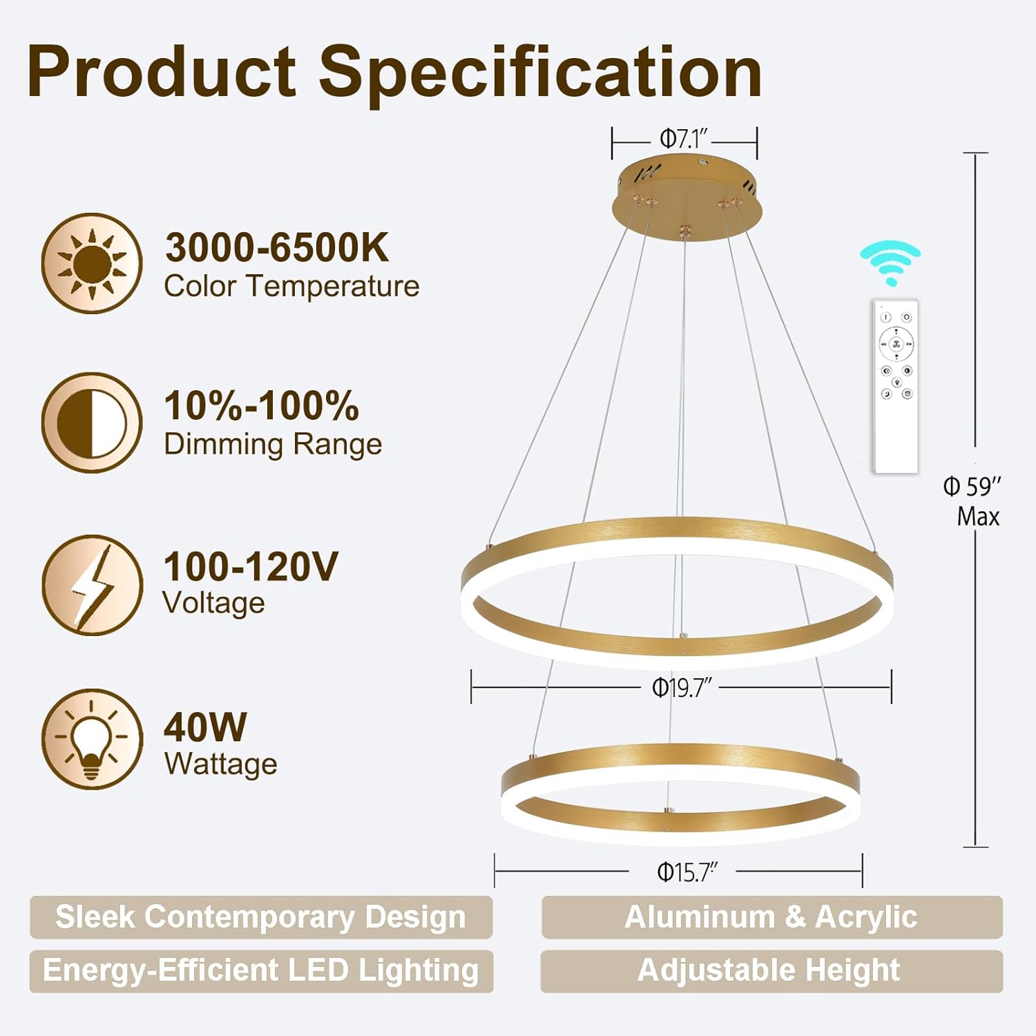 2 Rings Modern LED Chandelier Gold High Ceiling Ring Chandeliers with Remote Control Circular Pendant Light Dimmable for Dining Room Living Room Bedroom Hallway Kitchen Island 3000K-6500K