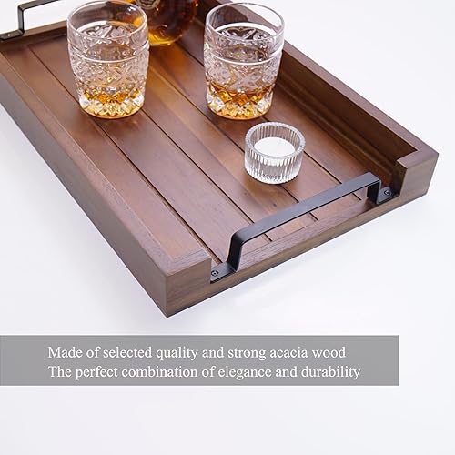 Miniatura 4 de Bandeja de madera de acacia de 17 x 11 pulgadas con mango de hierro negro. Bandeja decorativa para café, whisky, bandeja de madera para cocina, sala