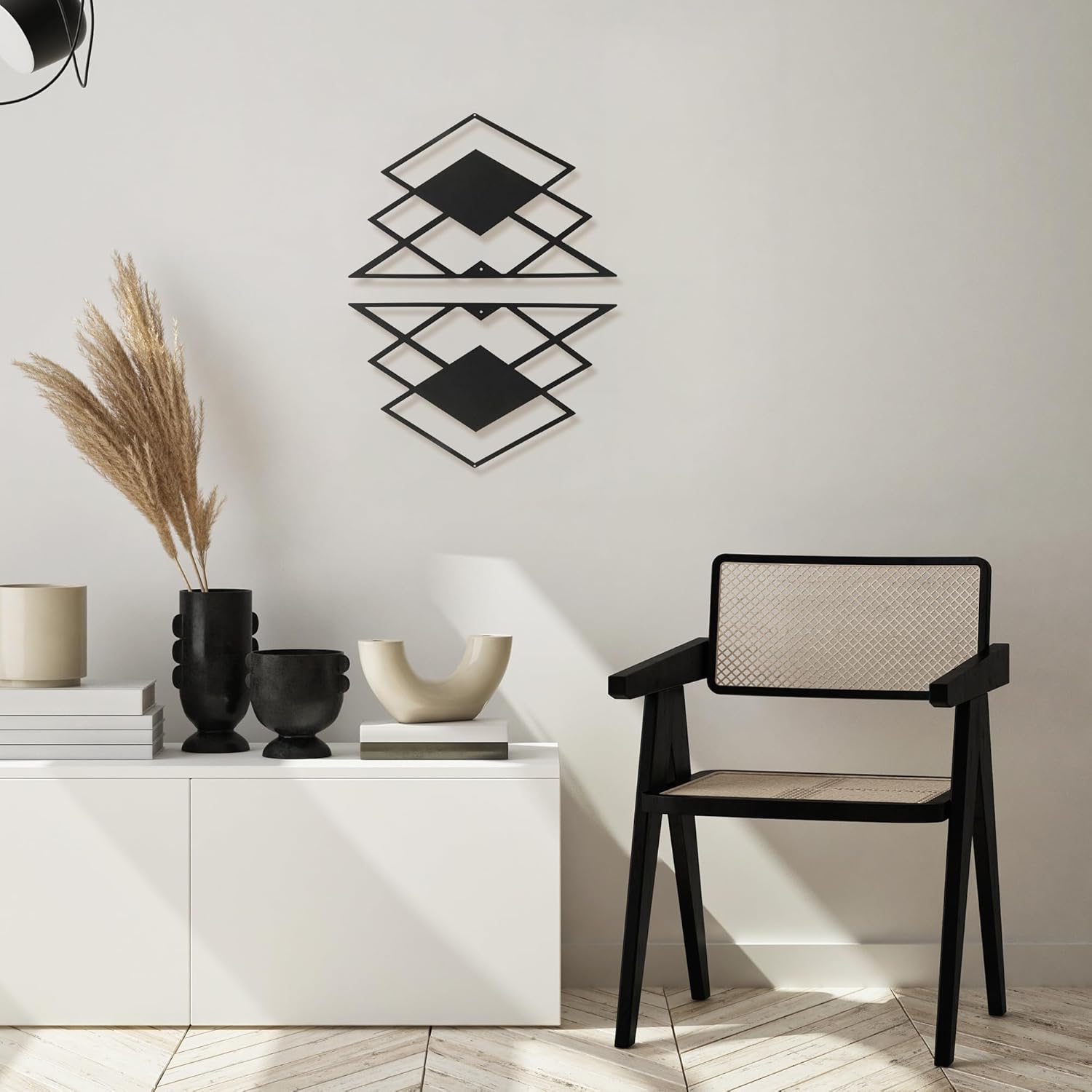 GouZaak Black Metal Minimalist Geometry Wall Art, Boho Bohemian Line Wall Decor, Modern Abstract Wall Art for Bedroom Living Room Bathroom (2 Pack, Rhombic, 17.7" x 13.5")