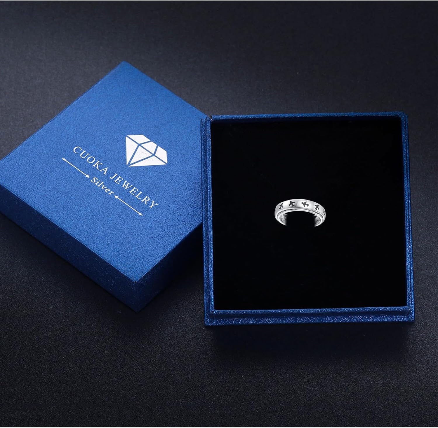 Cuoka S925 Sterling Silver Airplane Anxiety Spinner Ring Flight Aircraft ﻿World Travel Souvenir Airplane Travel Jelwery for Women Best Gifts for Stewardess Flight Attendants Pilots