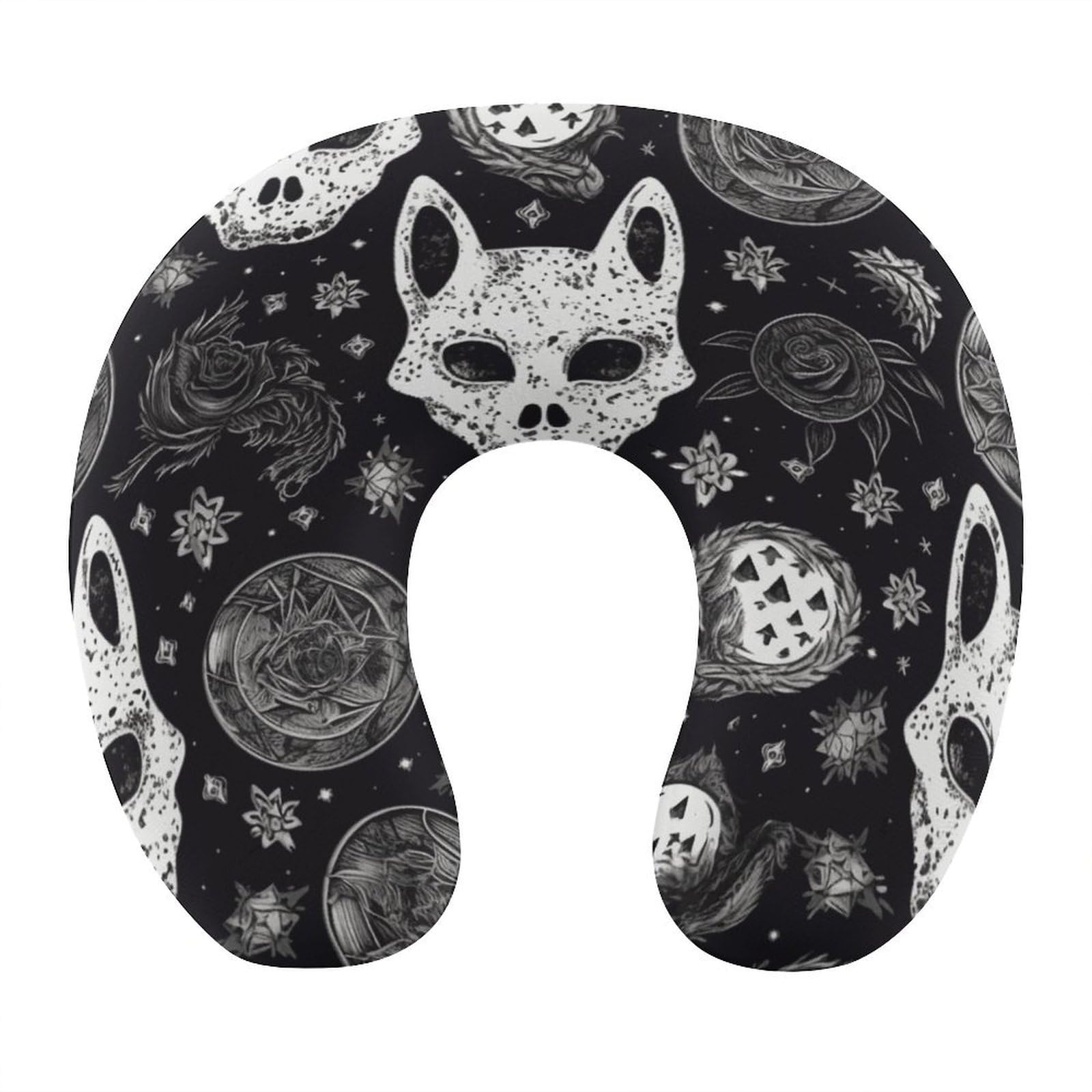 Adfgyerh Style Skull Cat Moon Gothic U-Shaped Pillow，Memory Foam Pillow Core，Cushion ，Provide Neck Support ，Travel Pillow，Suitable For Airplanes, Cars, Homes, And Offices.