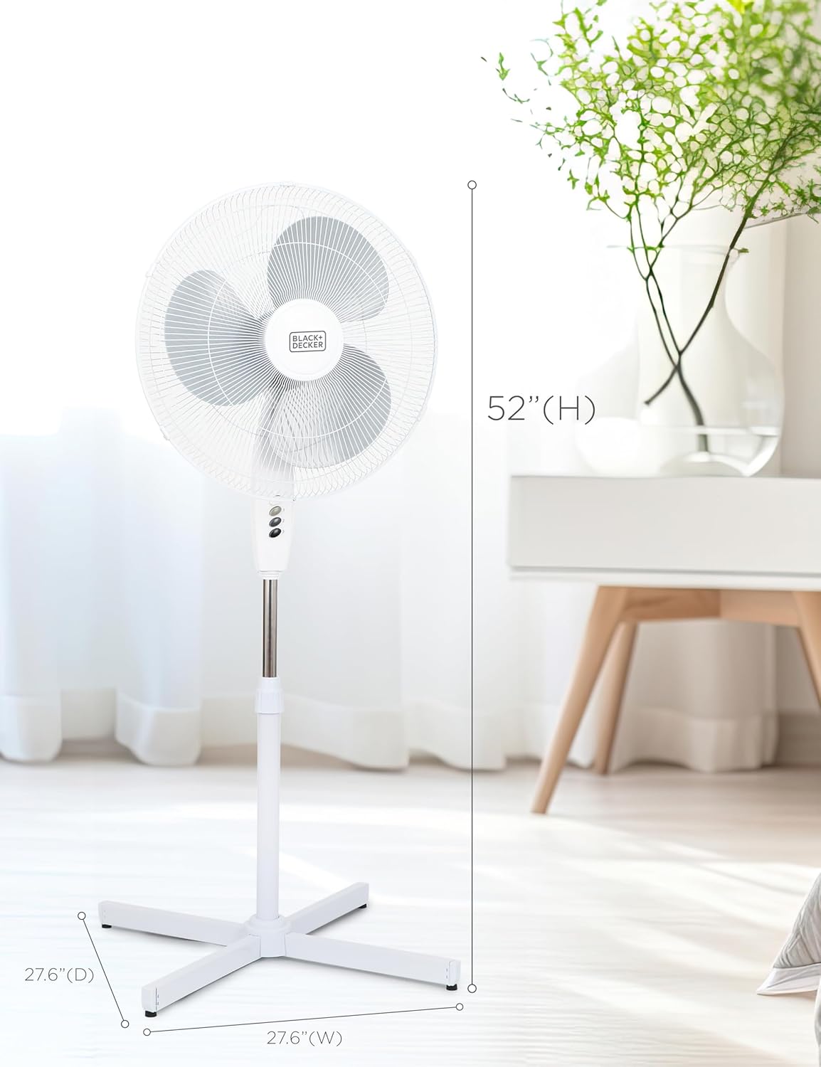 BLACK+DECKER 18-Inch Pedestal Fan, BFP18SXW, Oscillating Fan for Home and Office, Standing Fan with 3 Speed Settings, Height Adjustable with Adjustable Head Tilt, White