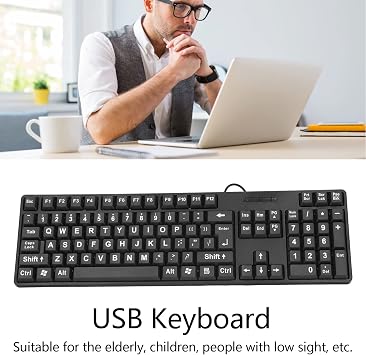 Large Print Keyboard, USB 104 Keys Oversized Big Letters Keyboard, for Elderly/Visually Impaired Low Vision Individuals/Students, for Laptops/Desktops