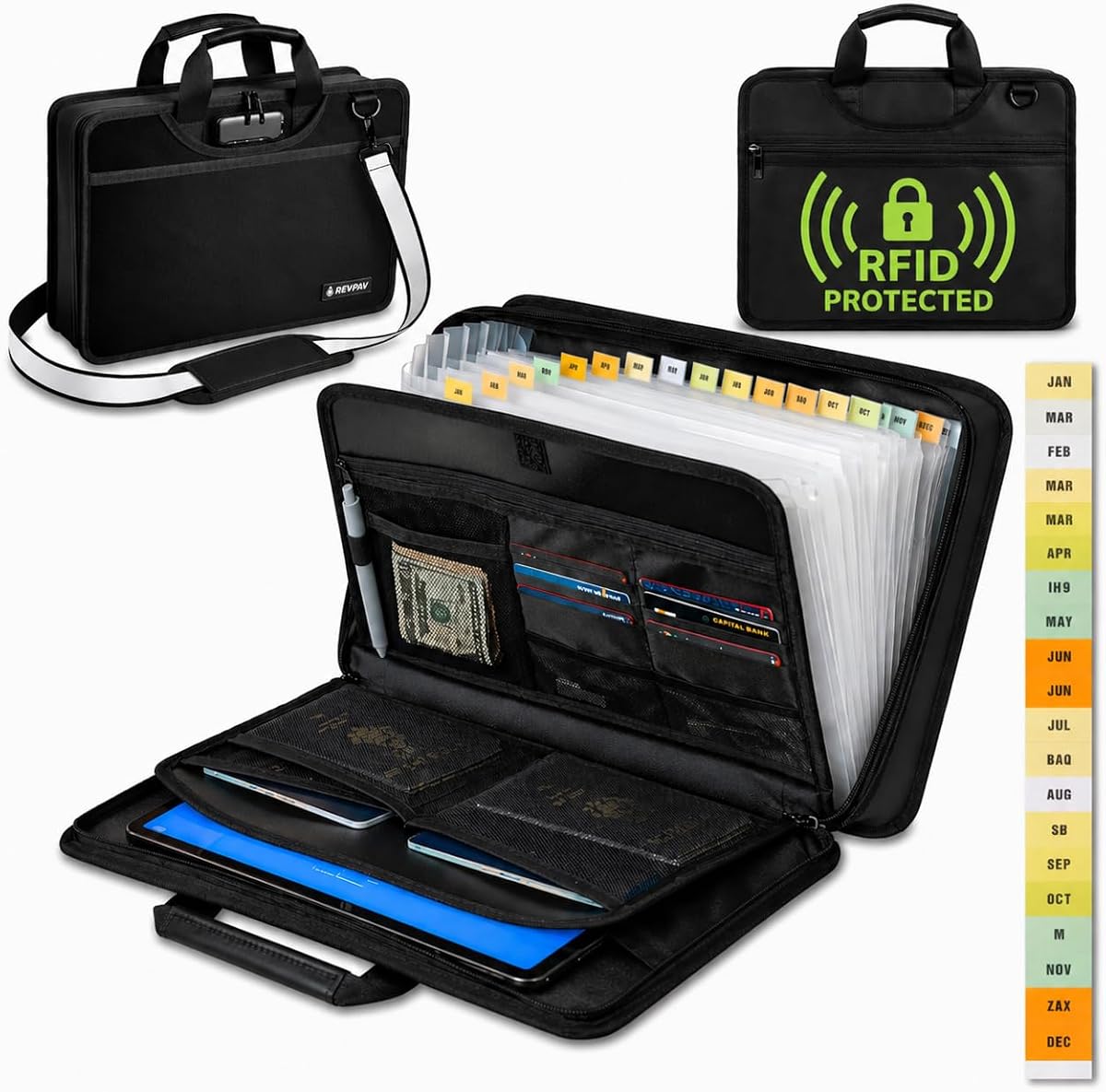 Accordion File Organizer Fireproof, Water-Resistant Document Bag-13 Pocket File Folder-RFID Pocket,Labels,Combination Lock,Reflective Shoulder Strap-Important Document Folder-Home,Office,Travel