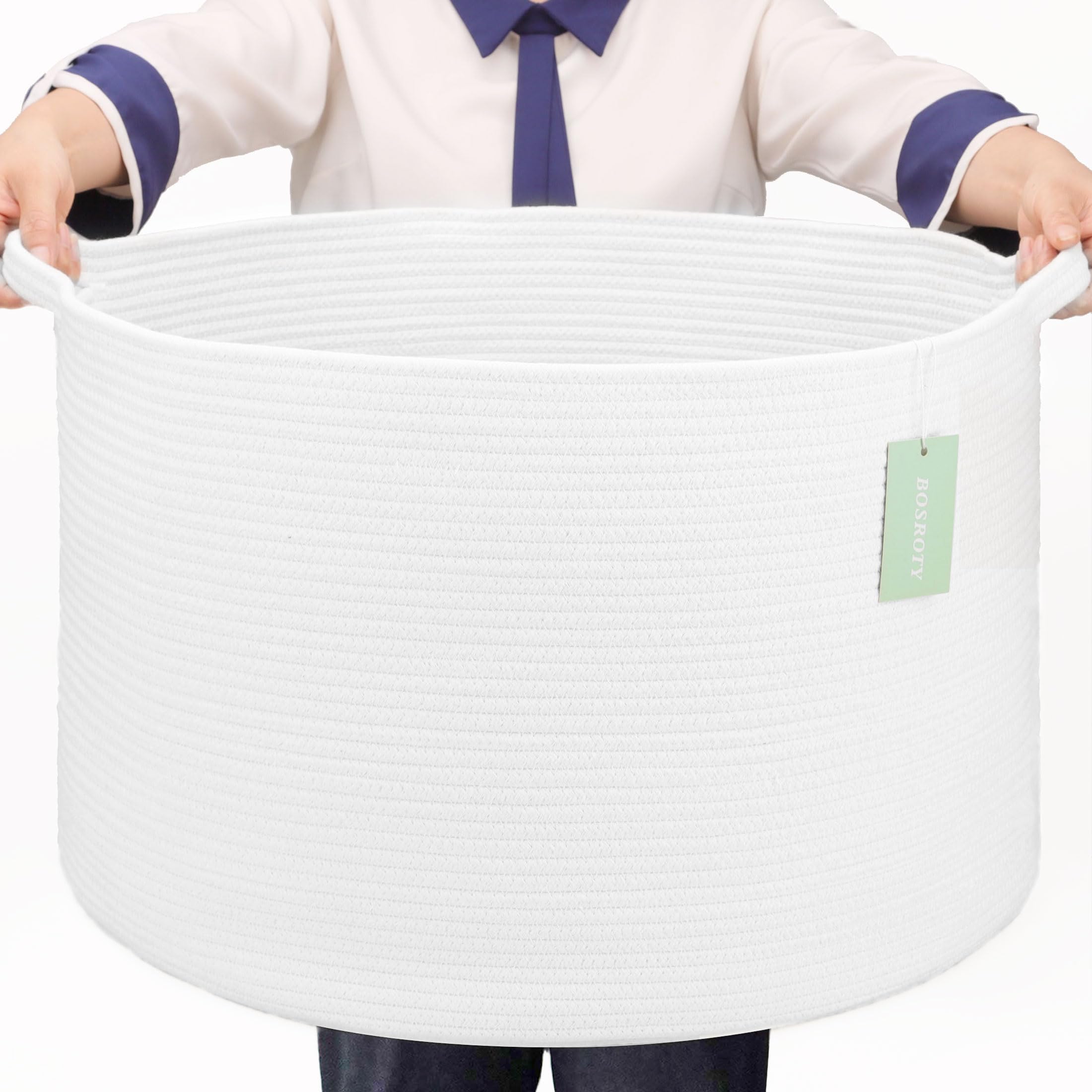 Large Cotton Rope Blanket Basket, 87L Laundry Hamper, White