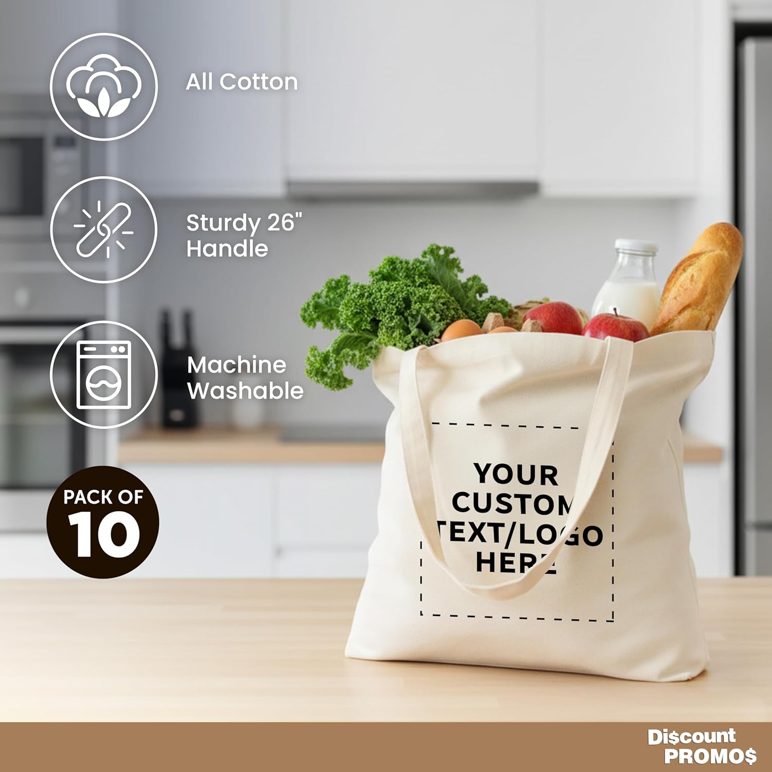 DISCOUNT PROMOS Custom Natural Cotton Fiber Tote Bags (Set of 10) - Personalized, Reusable & Eco-Friendly - Perfect for Grocery, Promotions, Branding - Natural Color, 15.5"X15", 5 OZ Cotton - Image 2