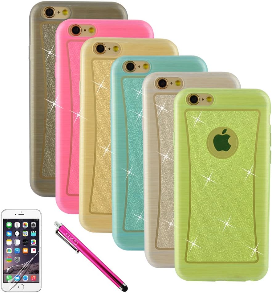 iPhone 6 Case, Bundle 6 Pack Silicone Case [Ultra Slim] Glitter Jelly Soft TPU GEL Protective Cover Rubber Shell Skin Assorted Color (Pink, Grey, Golden, Blue, Clear) for Apple iPhone 6 4.7" inch with Bonus Screen Protector and Logo Stylus Pen