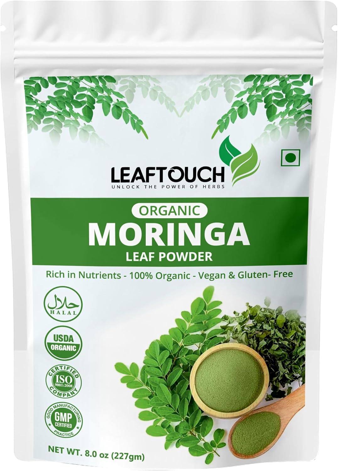 Leaftouch Moringa Oleifera Leaf Powder, Premium Quality Nutrients Gentle Dried Leaves, 100% Pure Moringa Powder | Easily Mixes in Drinks, Smoothies | Pocket Friendly and Easy to Carry | 8.0oz (227g)