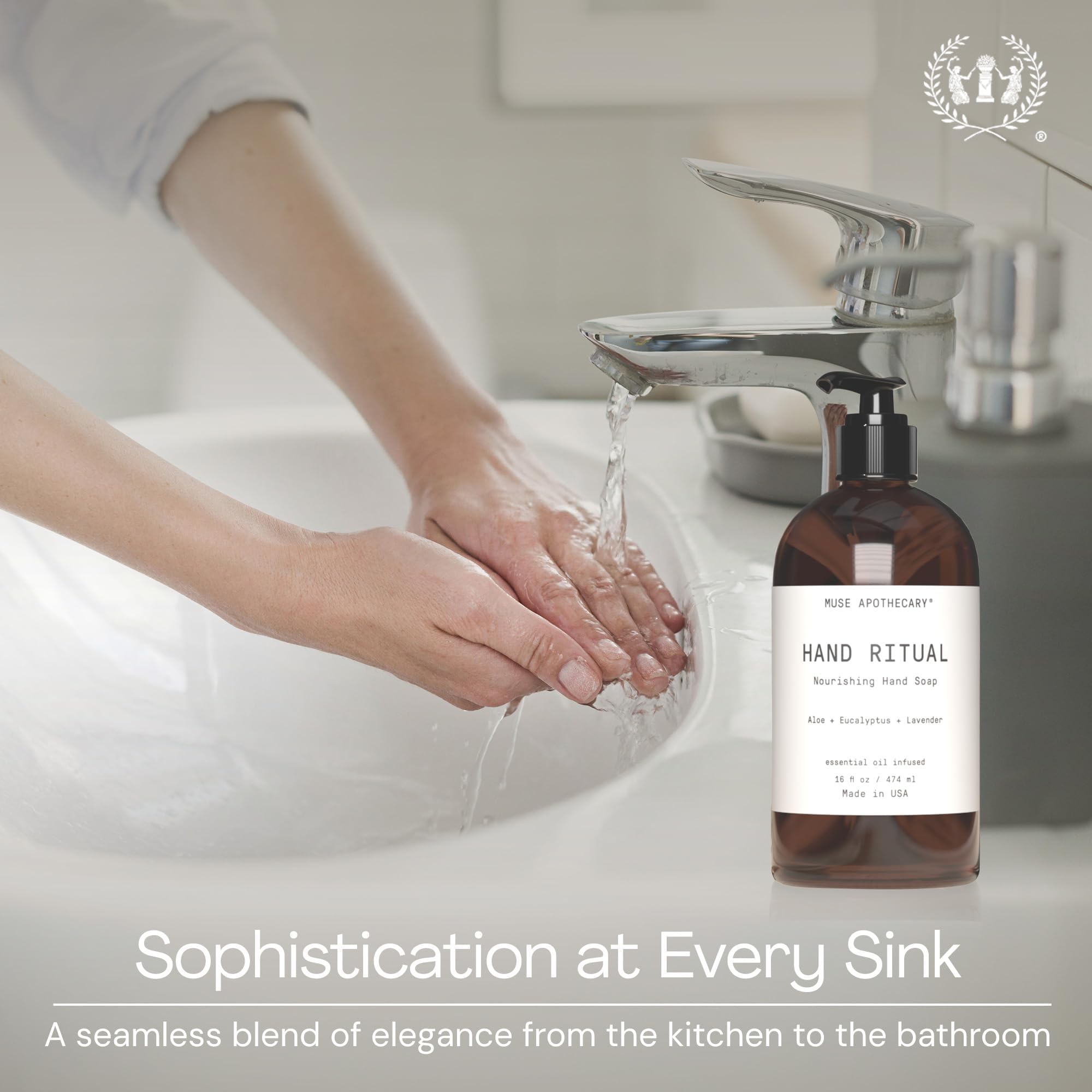 Muse Apothecary Handseife, aromatisch und pflegend, mit natürlichen ätherischen Ölen für Aromatherapie, zertifiziert durch die Verwendung als biobasiertes Produkt, 473 ml, Kokosnuss und Sandelholz.