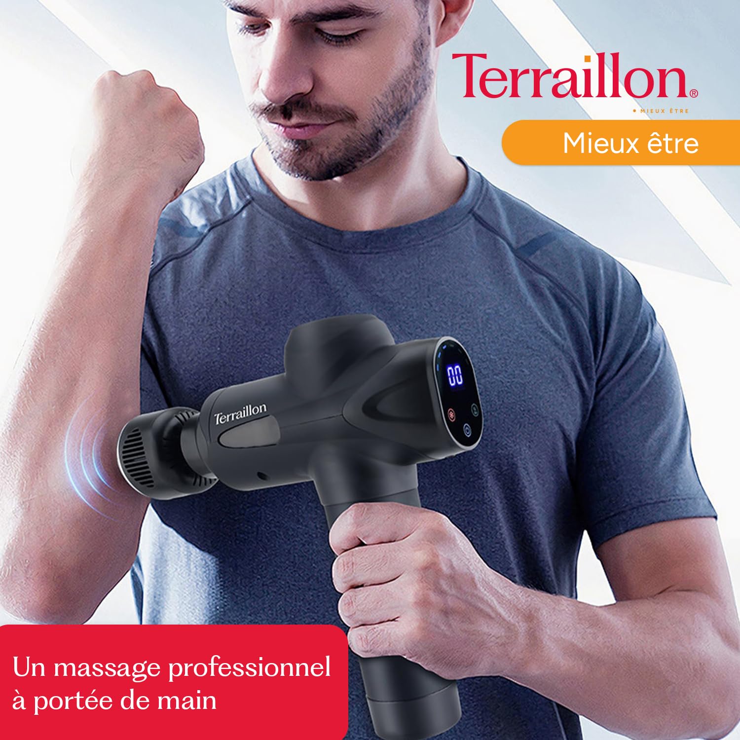 TERRAILLON - GUN MASSAGER EXPERT - Pistolet de massage Multizones, 20 vitesses 2800-3200 RPM, Ecran digital, Minuteur intégré, 5 embouts silicone dont 1 chaud-froid, USB-C, Etui inclus, Noir