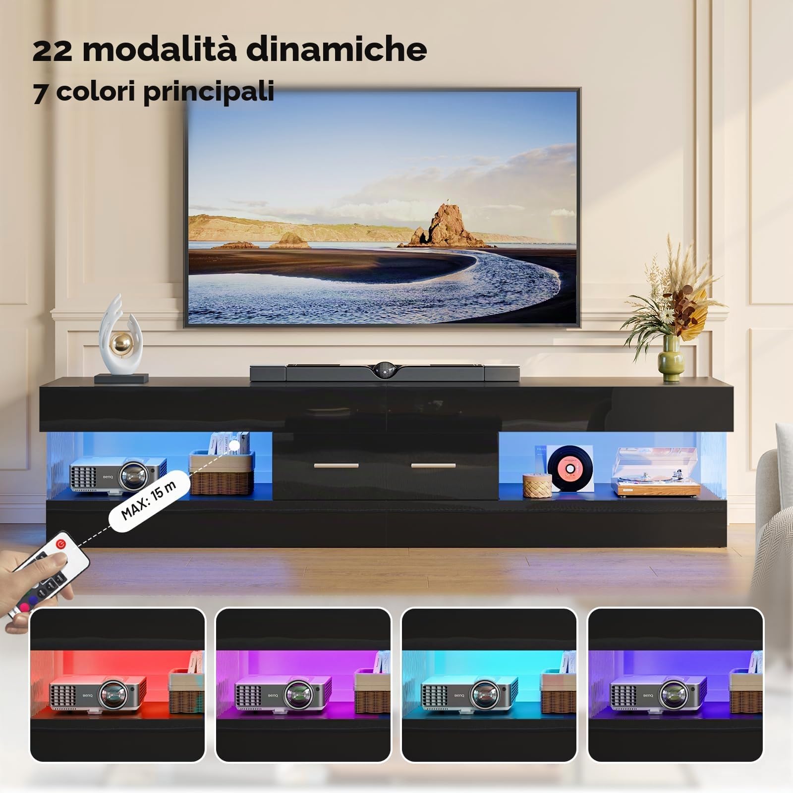 Bestier Mobile TV per TV da 75 pollici,moderno mobile TV laccato lucido,centro di intrattenimento a LED con ampio cassetto,consolle TV per soggiorno e camera da letto(nero)