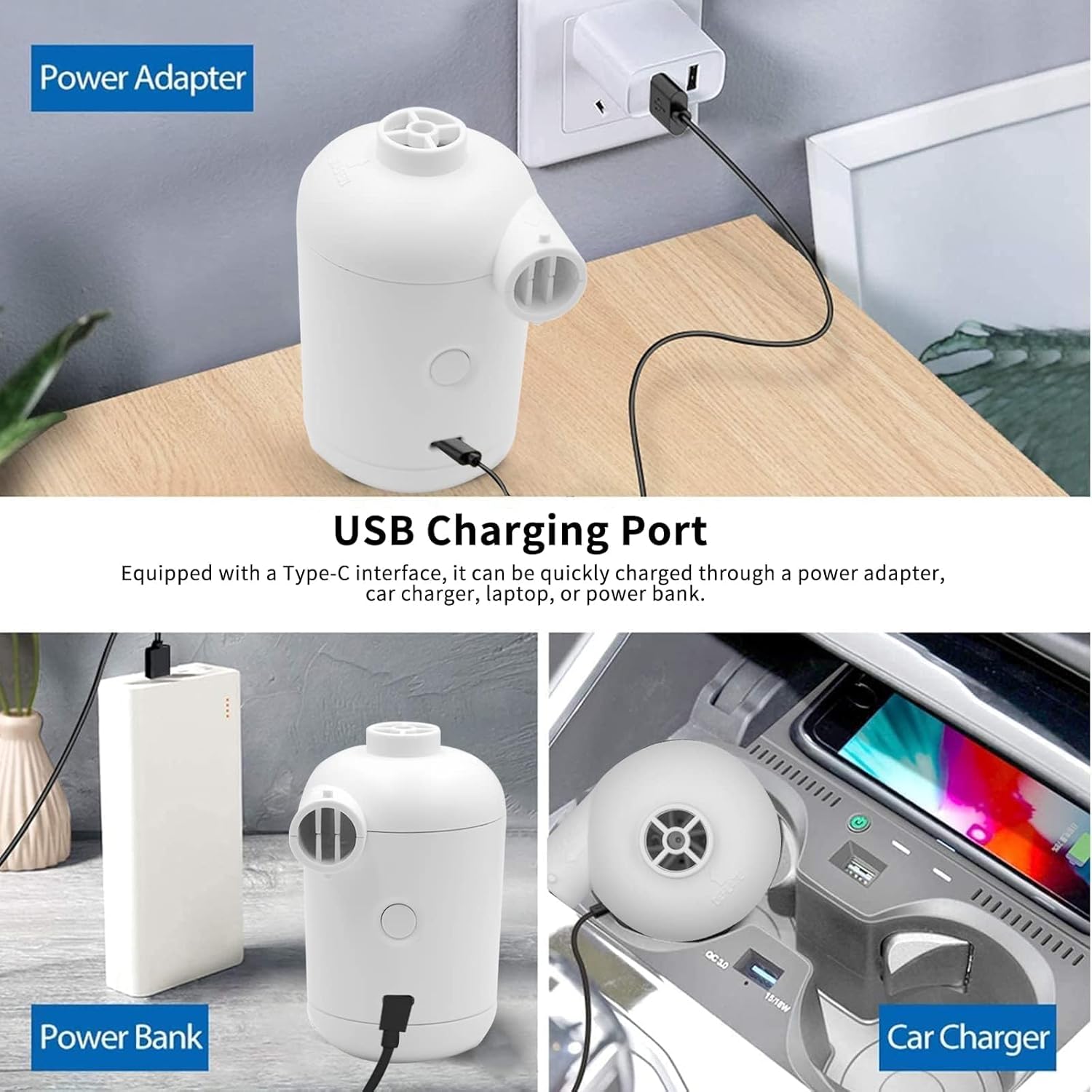 3T6B USB Rechargeable Air Mattress Pumps, Portable Air Pump with 4 Nozzles for Outdoor Camping, Air Mattress, Inflatable Couch, Pool Toy - Image 6