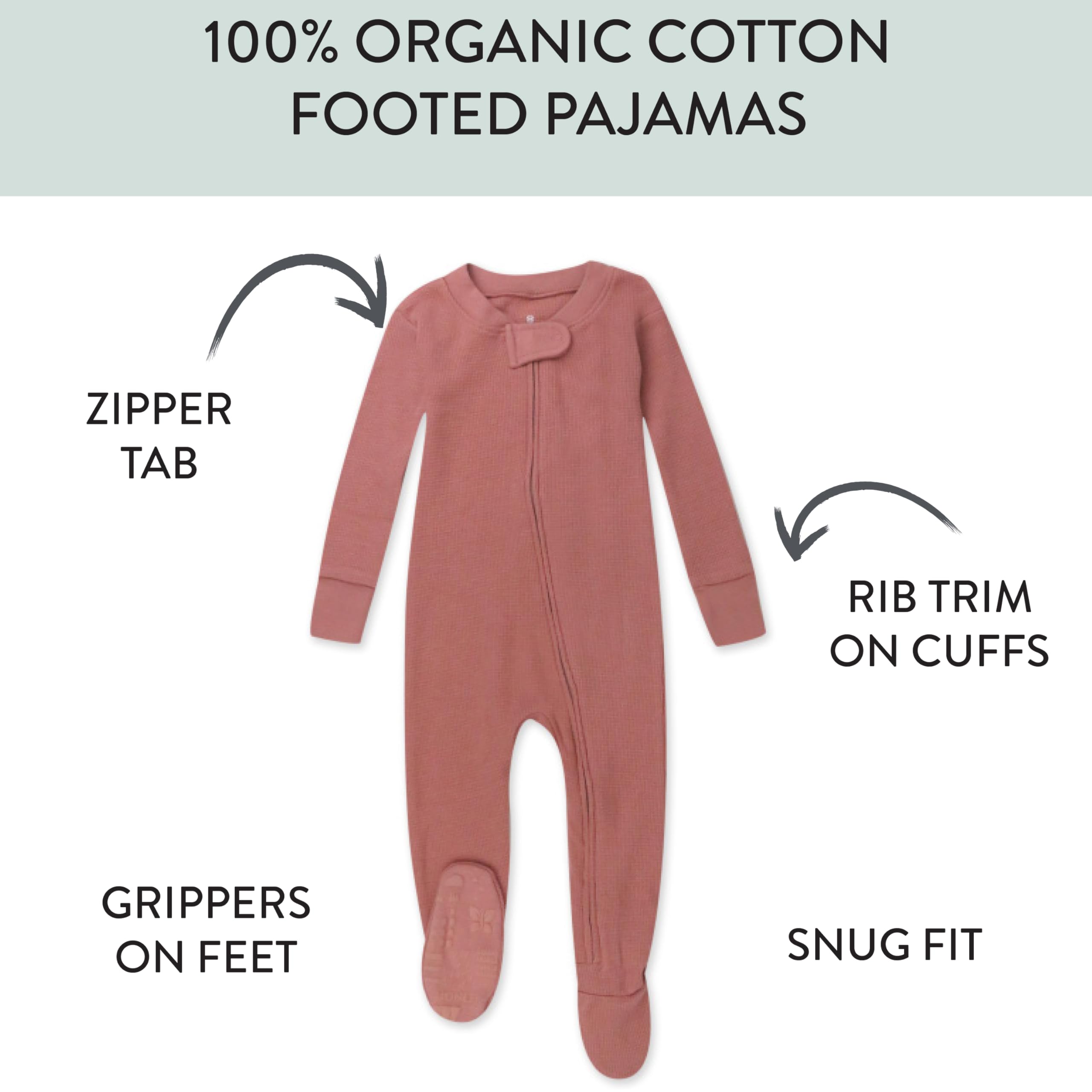HonestBaby Unisex Kid's Non-Slip Footed Pajamas One-Piece Sleeper Jumpsuit Zip-Front PJs 100% Organic Cotton for Baby Boys, Ash Rose