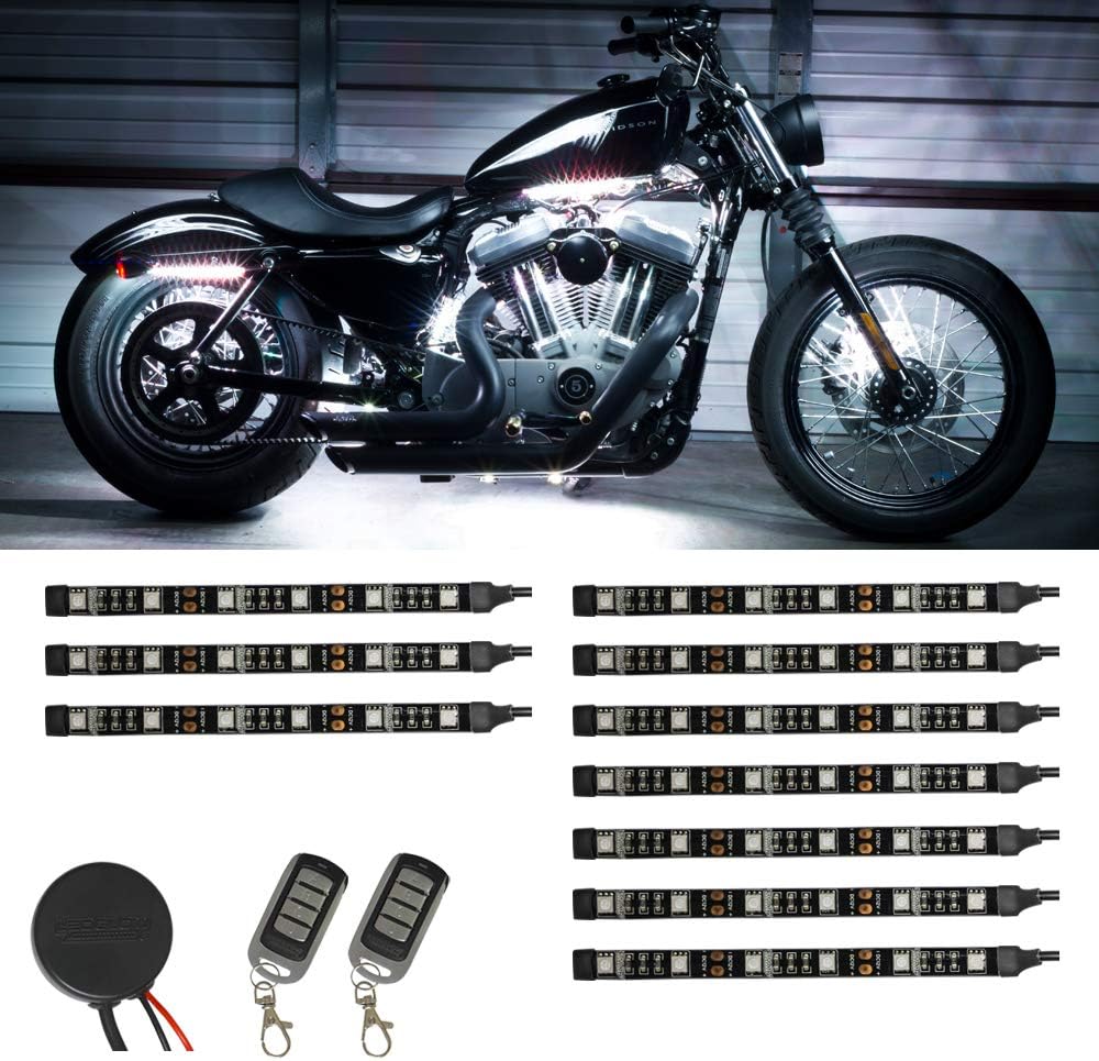 LEDGlow 10pc Advanced White LED Motorcycle Accent Neon Underglow Lighting Kit - 4 Patterns - 4 Brightness Levels - 6" Flexible Light Strips - Includes Waterproof Control Box & 2 Wireless Remotes