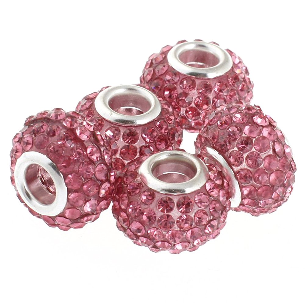RUBYCA Big Hole Large Crystal Slide Charm Beads fit European Charm Bracelet (5pcs, Pink, 15mm)