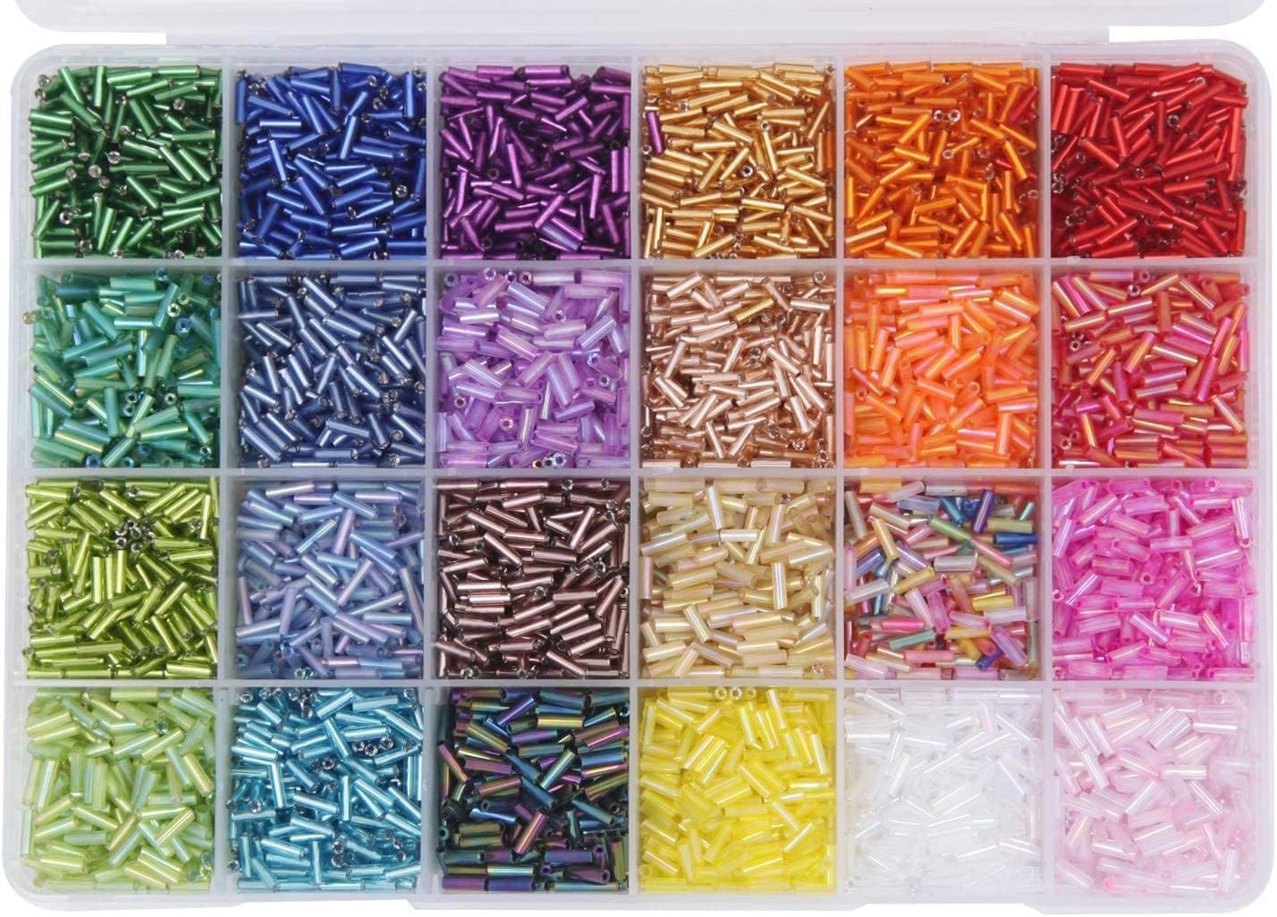 MAKINGTEC 9600pcs Tube Beads Kit Glass Bugle Seed Beads Small Craft Beads for DIY Bracelet Necklaces Crafting Jewelry Making Supplies with Two Crystal String (7mm, 400 Per Color, 24 Colors)