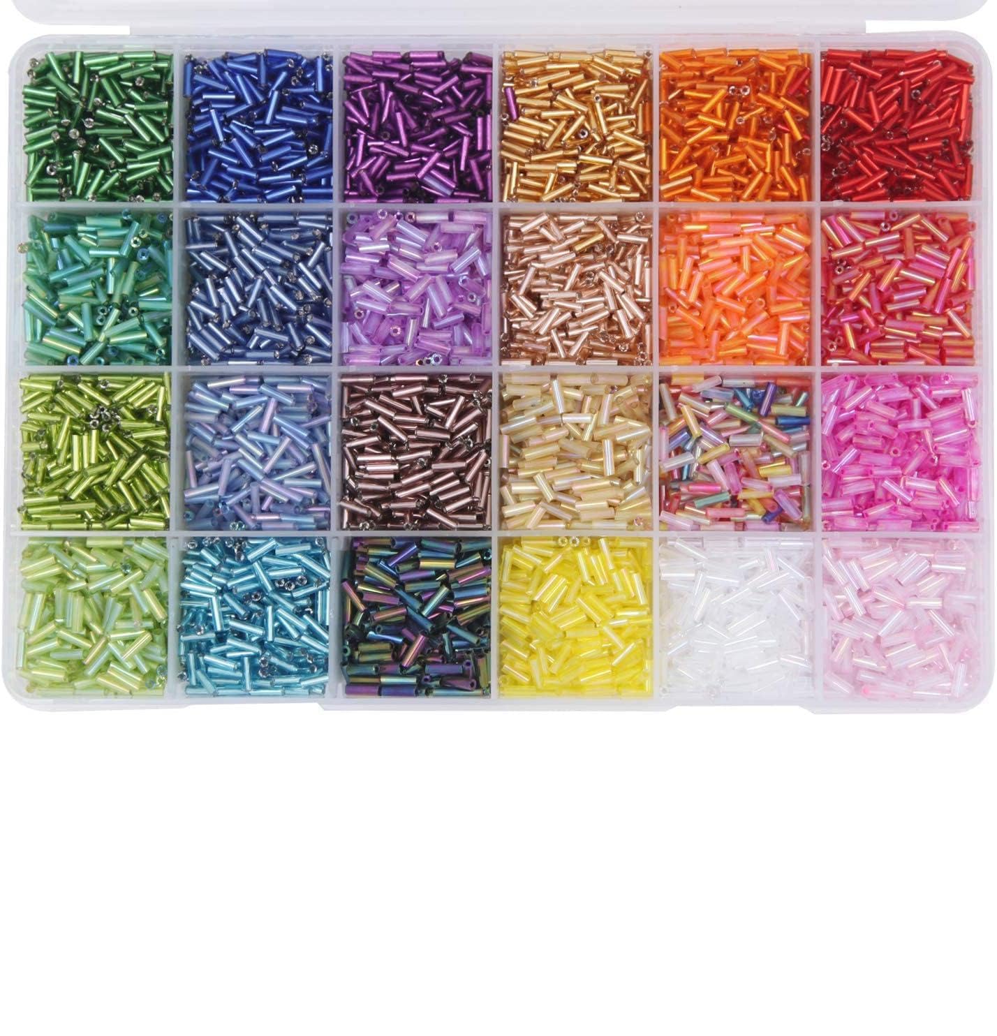 MAKINGTEC 9600pcs Tube Beads Kit Glass Bugle Seed Beads Small Craft Beads for DIY Bracelet Necklaces Crafting Jewelry Making Supplies with Two Crystal String (7mm, 400 Per Color, 24 Colors)