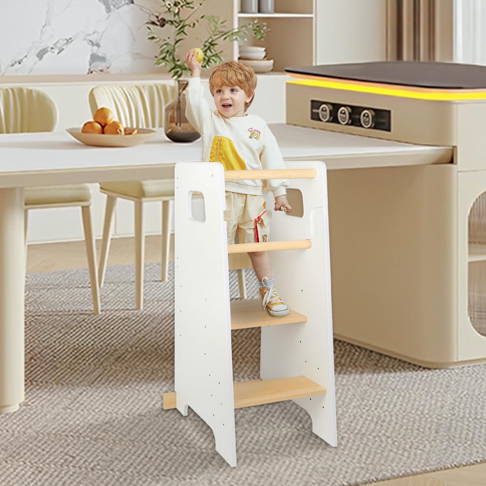 Lernturm für Kinder, verstellbare Höhen, Beobachtungsturm für Kinder, Montessori Lernturm, Holz, D, 90 x 42 x 40 cm, Weiß