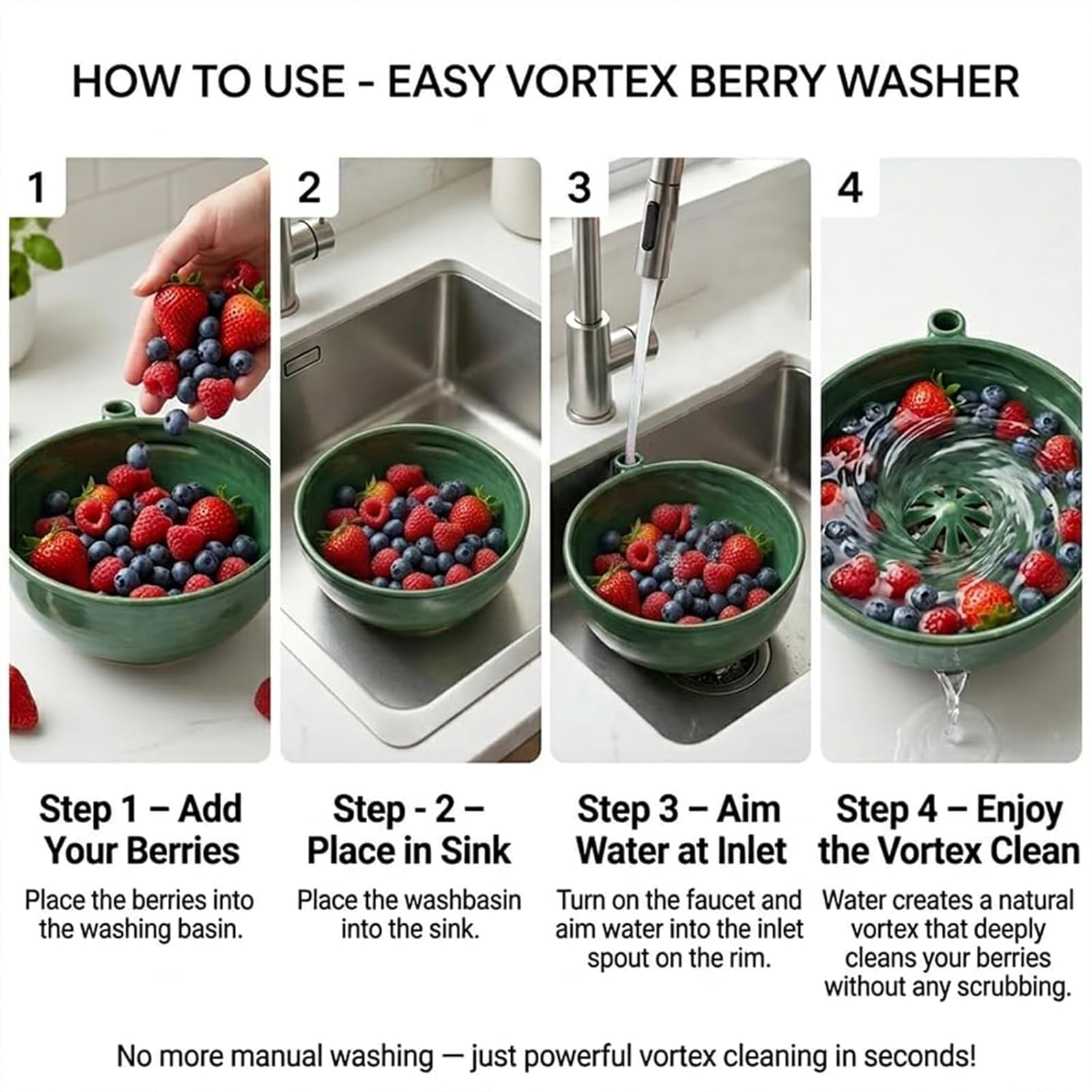 Berry Bowl, Self Spinning Berry Washing Bowl, Ceramic Fruit Washer Colander with Drain Holes, 360° Vortex Cleaning for Berries & Vegetables (1ps)